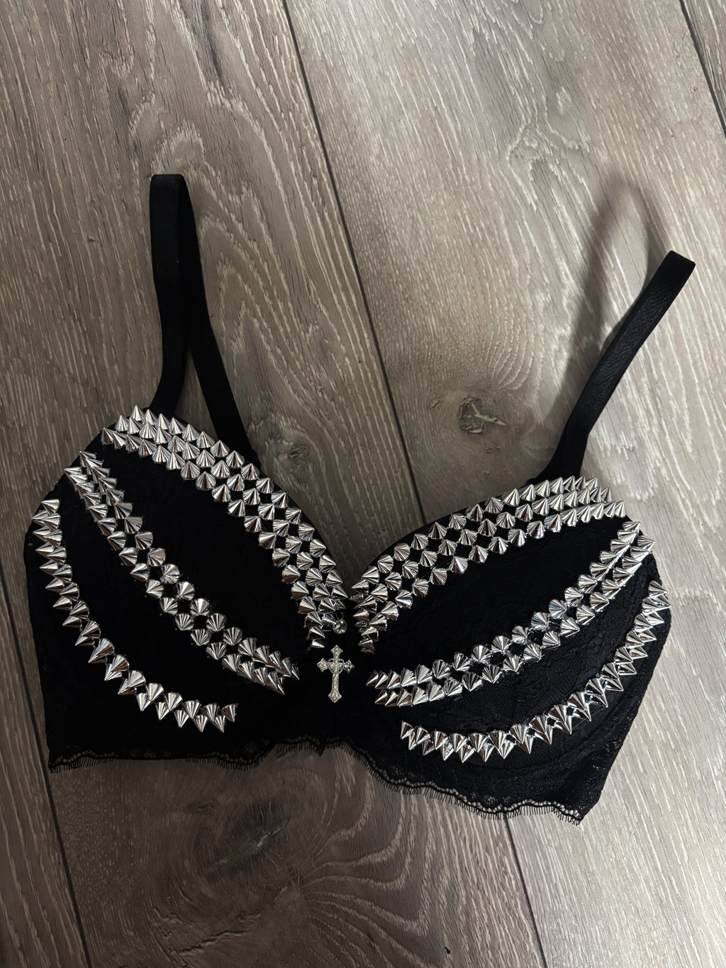 Triple Spiked black Y2K (with cross) push up bra