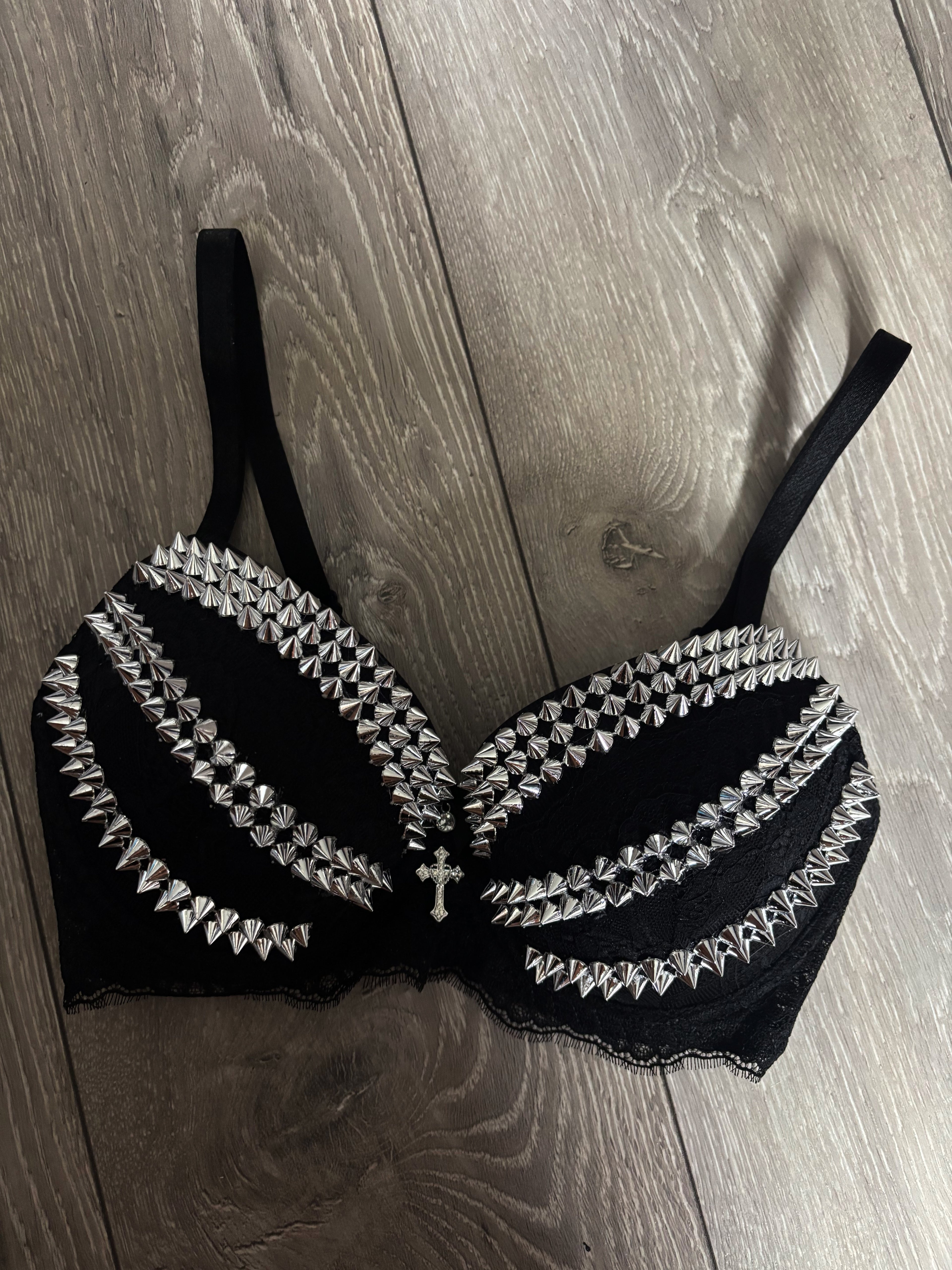 Triple Spiked black Y2K (with cross) push up bra