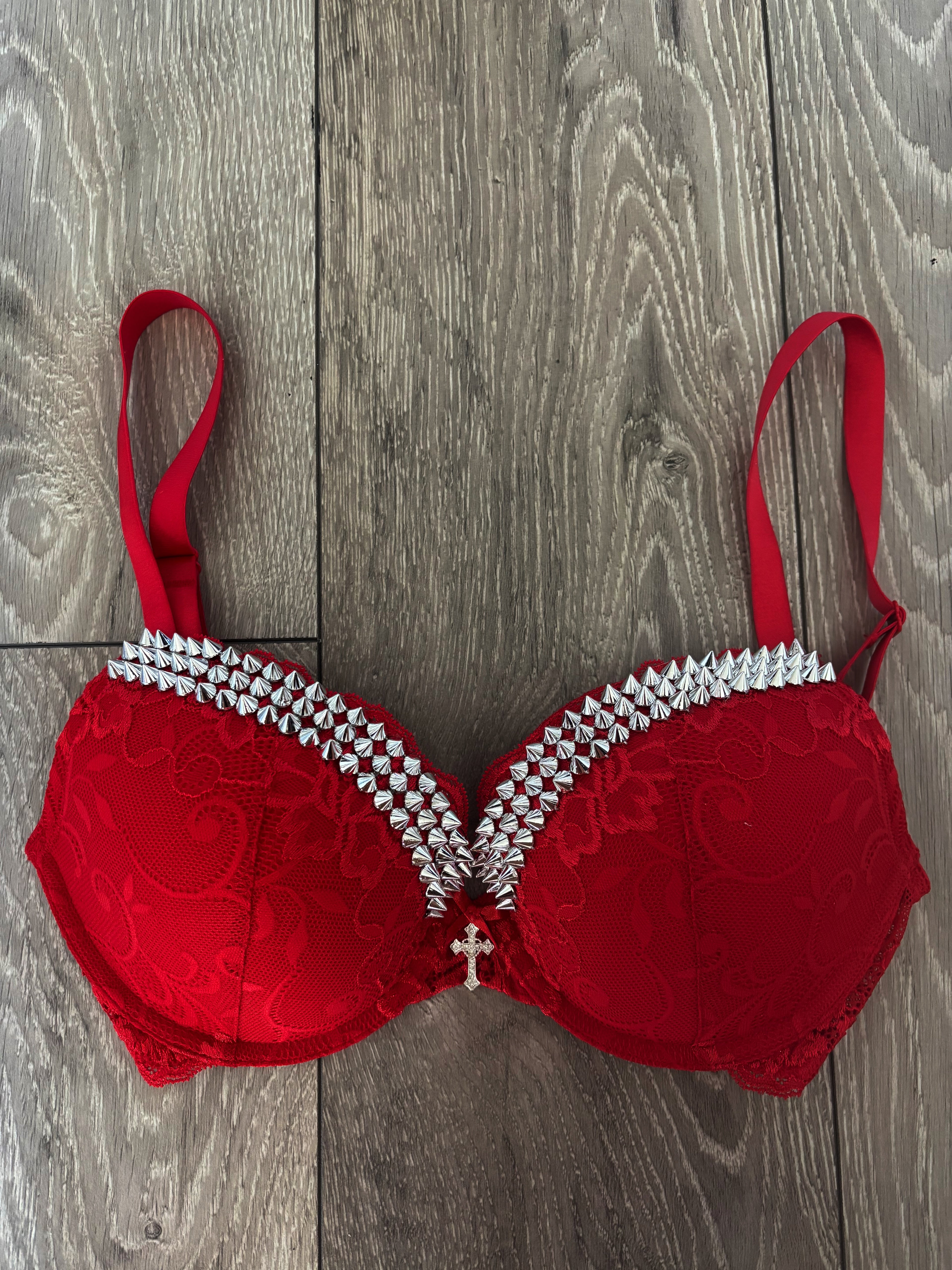 (More Sizes) Red Y2K single strip (with cross) spiked push up bra