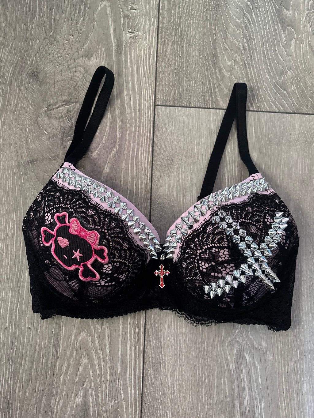 Pink Skull Crush Spiked (no mini skulls) (with cross) push up bra