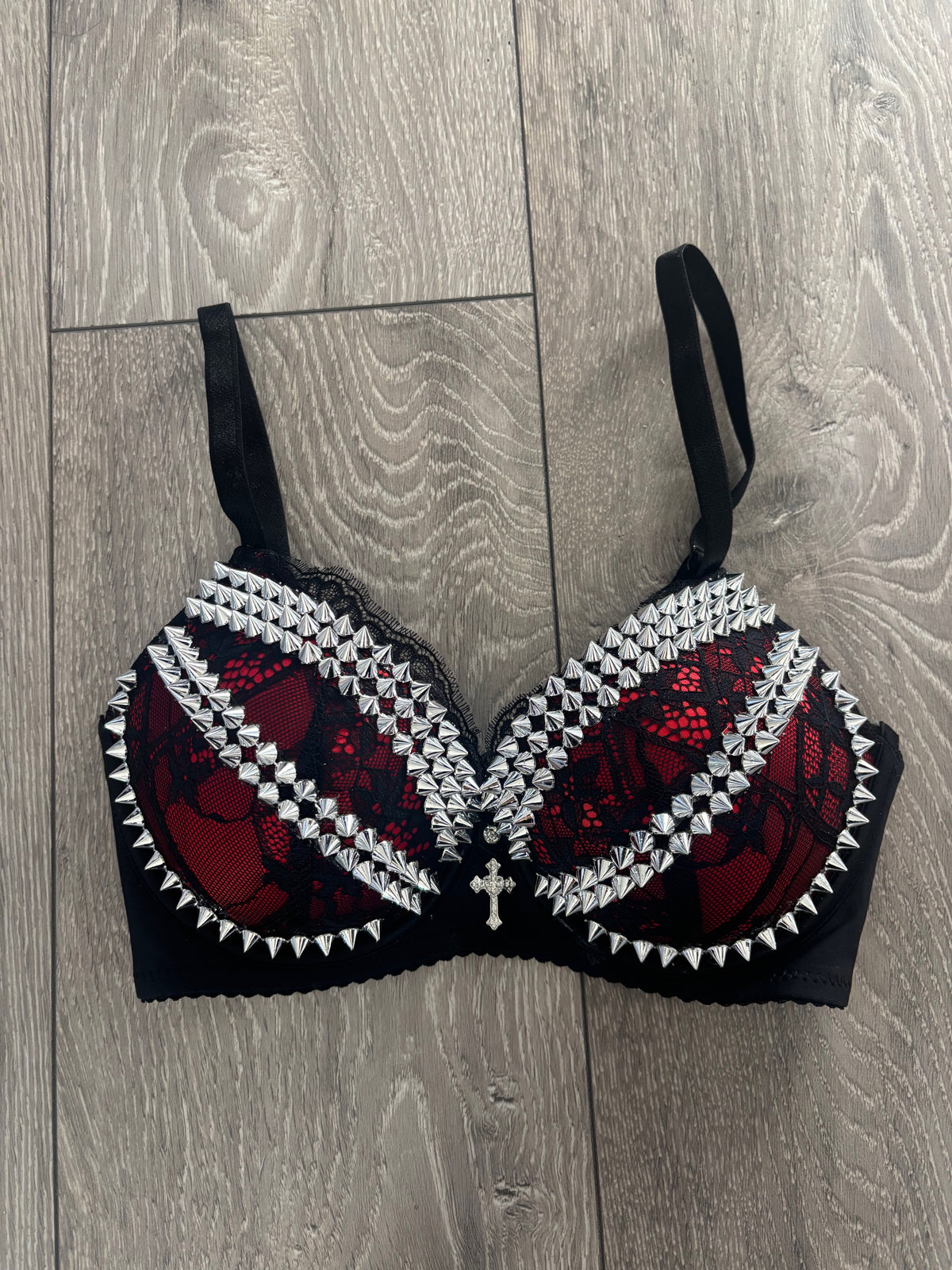 The Red Crossover (with cross) (no stars) Spiked Push Up Bra
