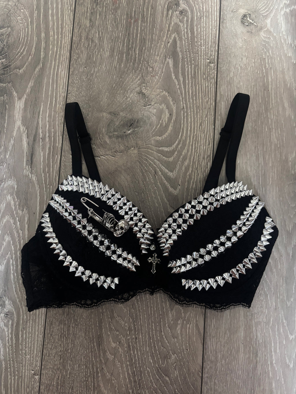 Black Skull Adjustable Pin Spiked push up bra (with cross)
