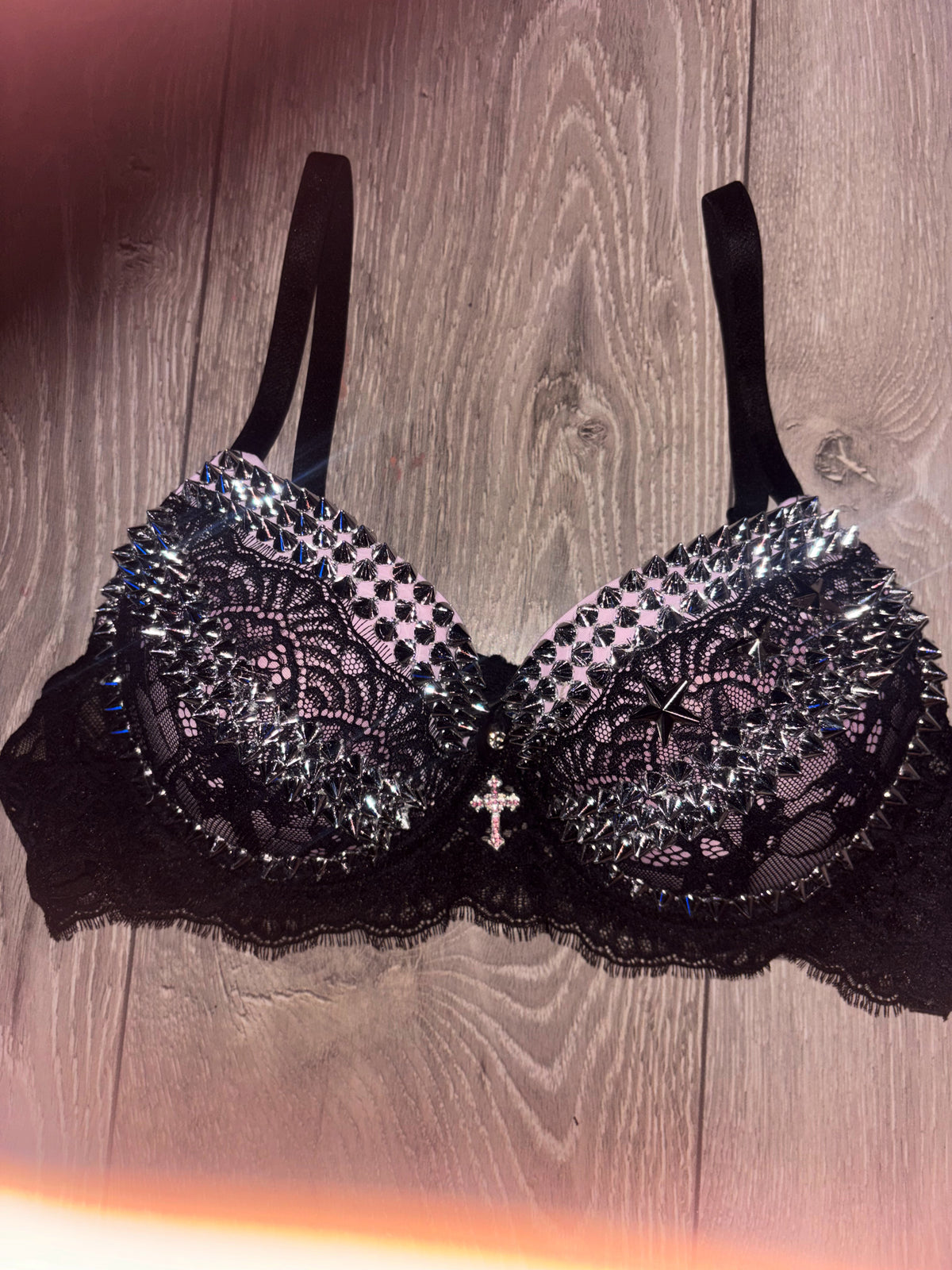 The Pink Y2K Crossover (with cross) Spiked push up bra