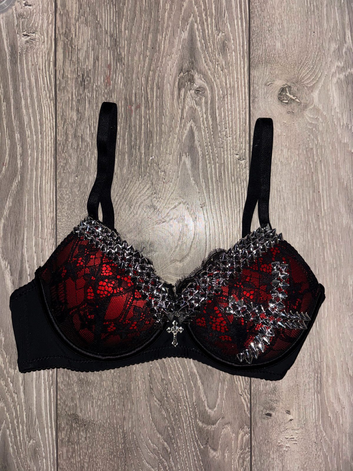 Red Single X Spiked (with cross) push up bra