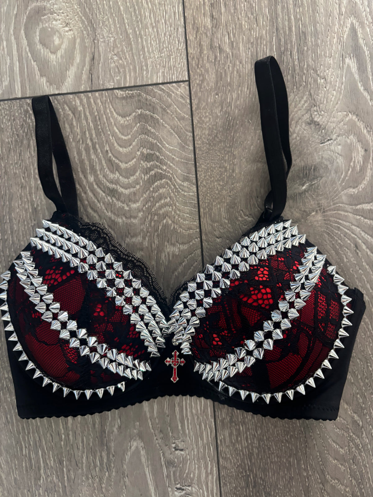 The Red Crossover (with cross) (no stars) Spiked Push Up Bra