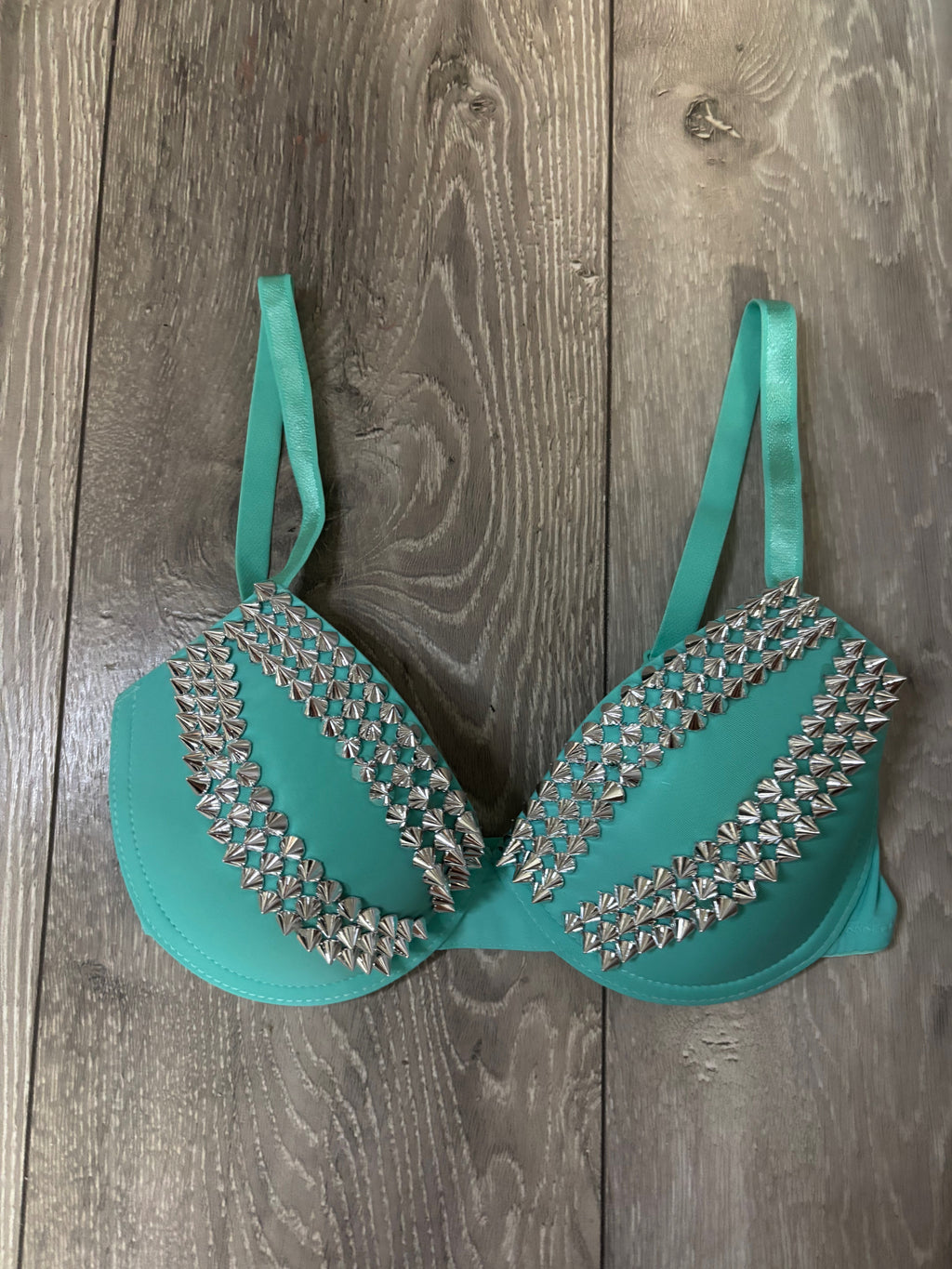 Turquoise spiked (no cross) push up bra