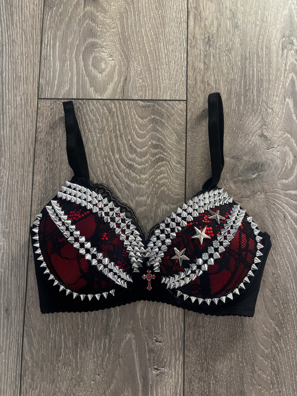 The Red Crossover (with stars) (with cross) Spiked Push Up Bra