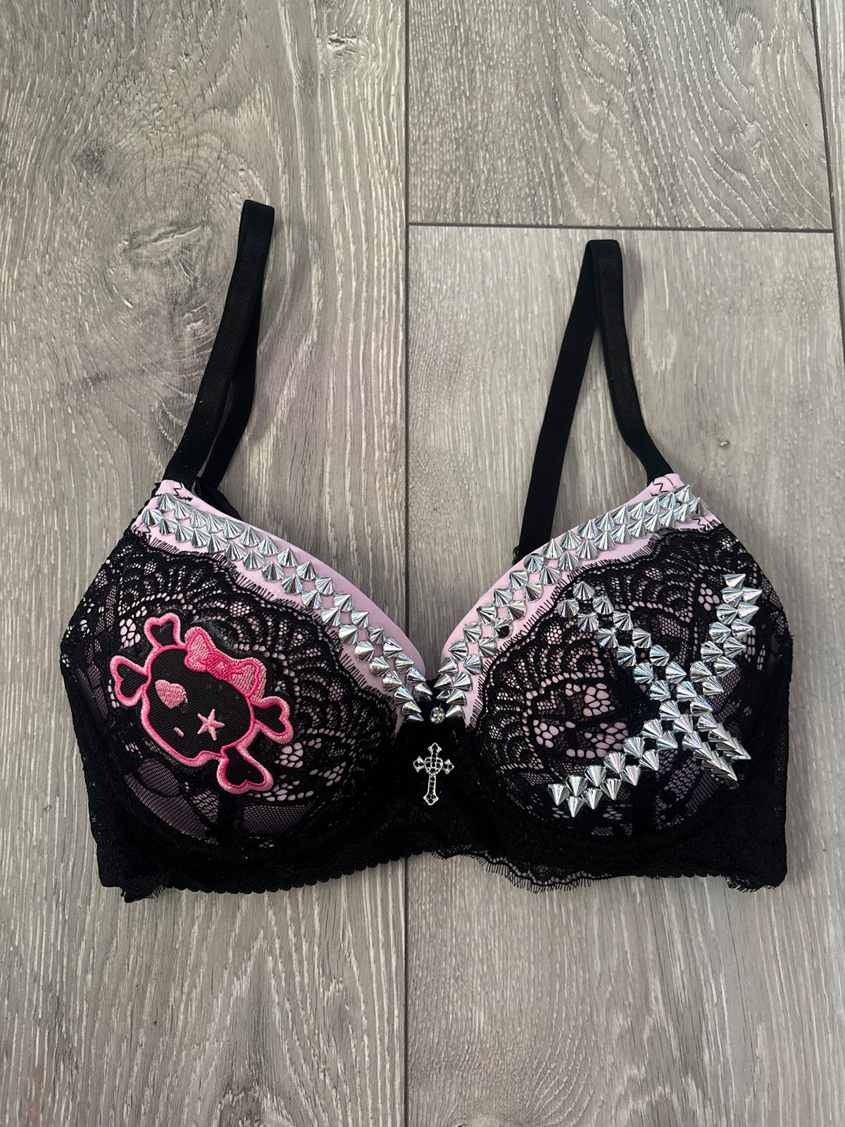 Pink Skull Crush Spiked (no mini skulls) (with cross) push up bra