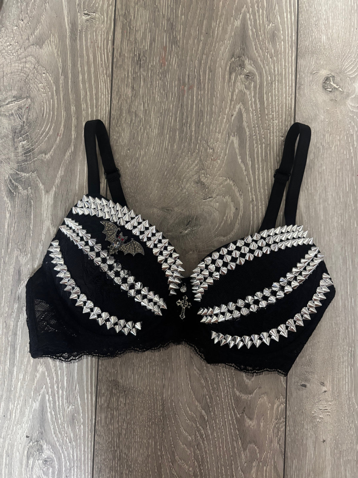 Black Bat Adjustable Pin Spiked (with cross) Push up Bra