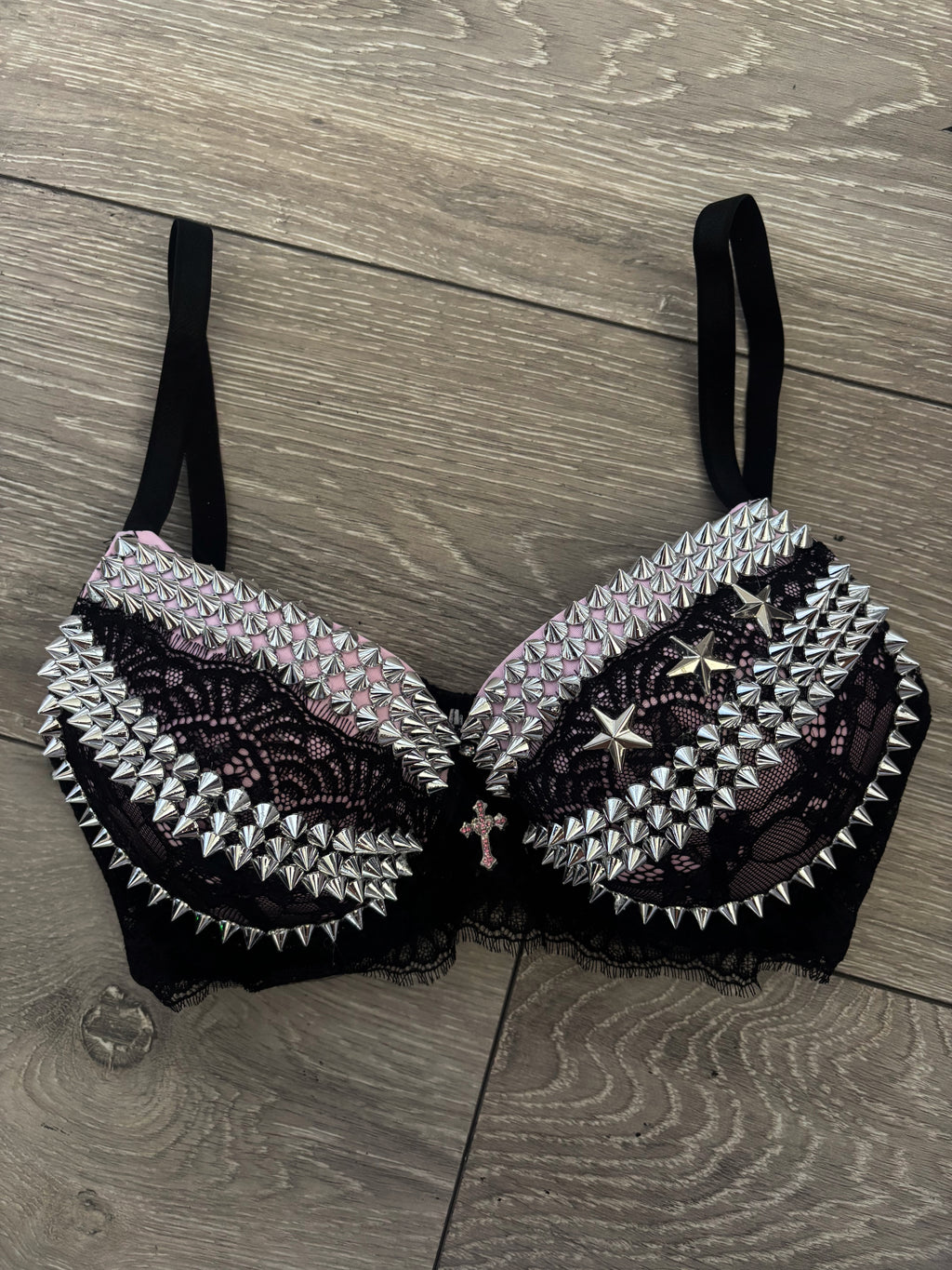 Pink Y2K Crossover (with cross) Spiked push up bra