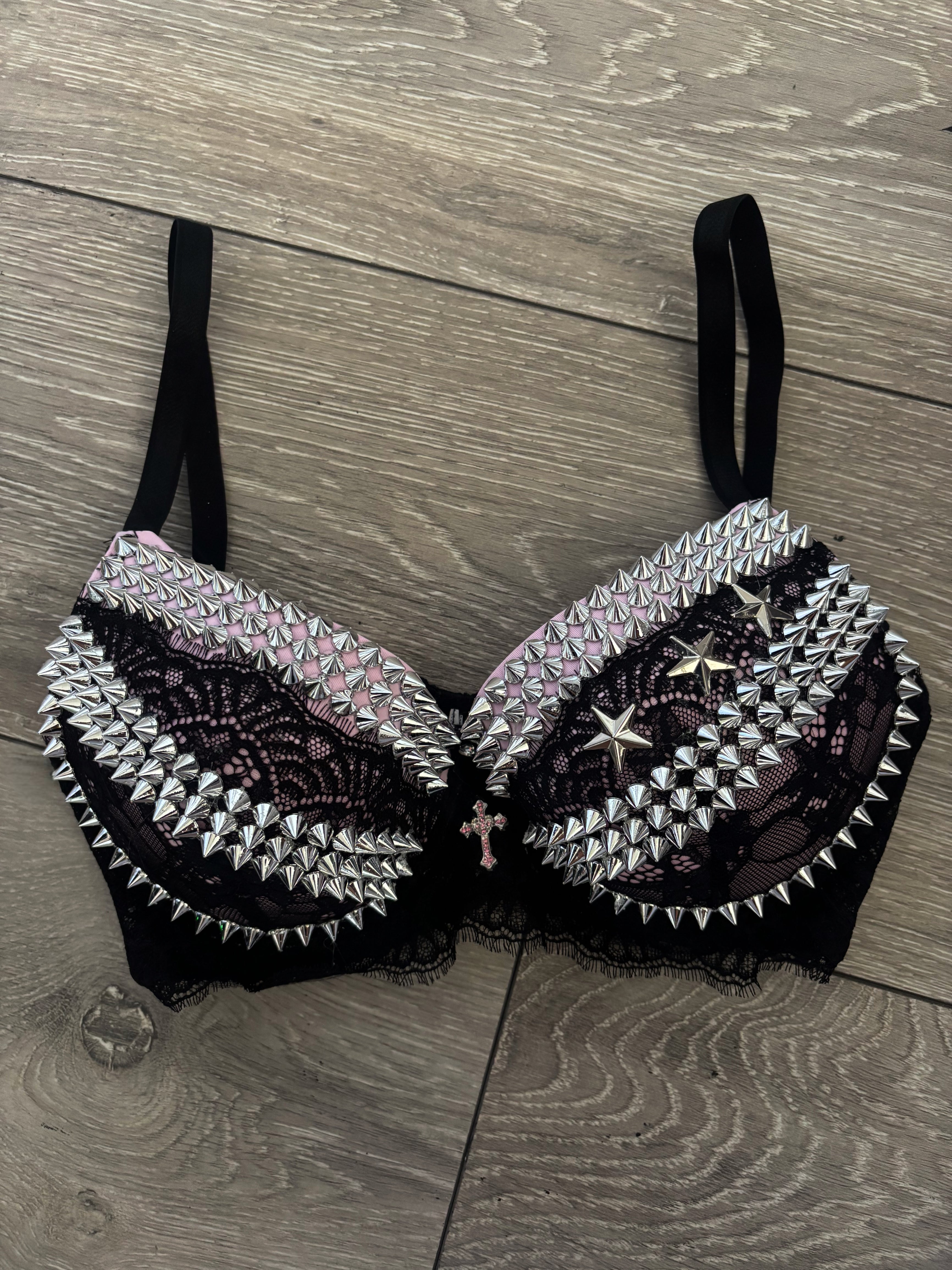 Pink Y2K Crossover (with cross) Spiked push up bra