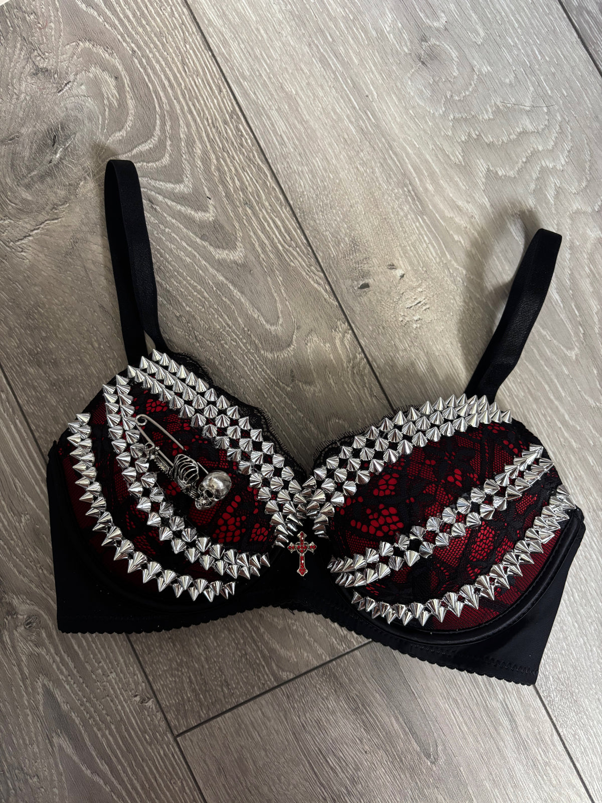 Red Skull Adjustable Pin Spiked push up bra (with cross)