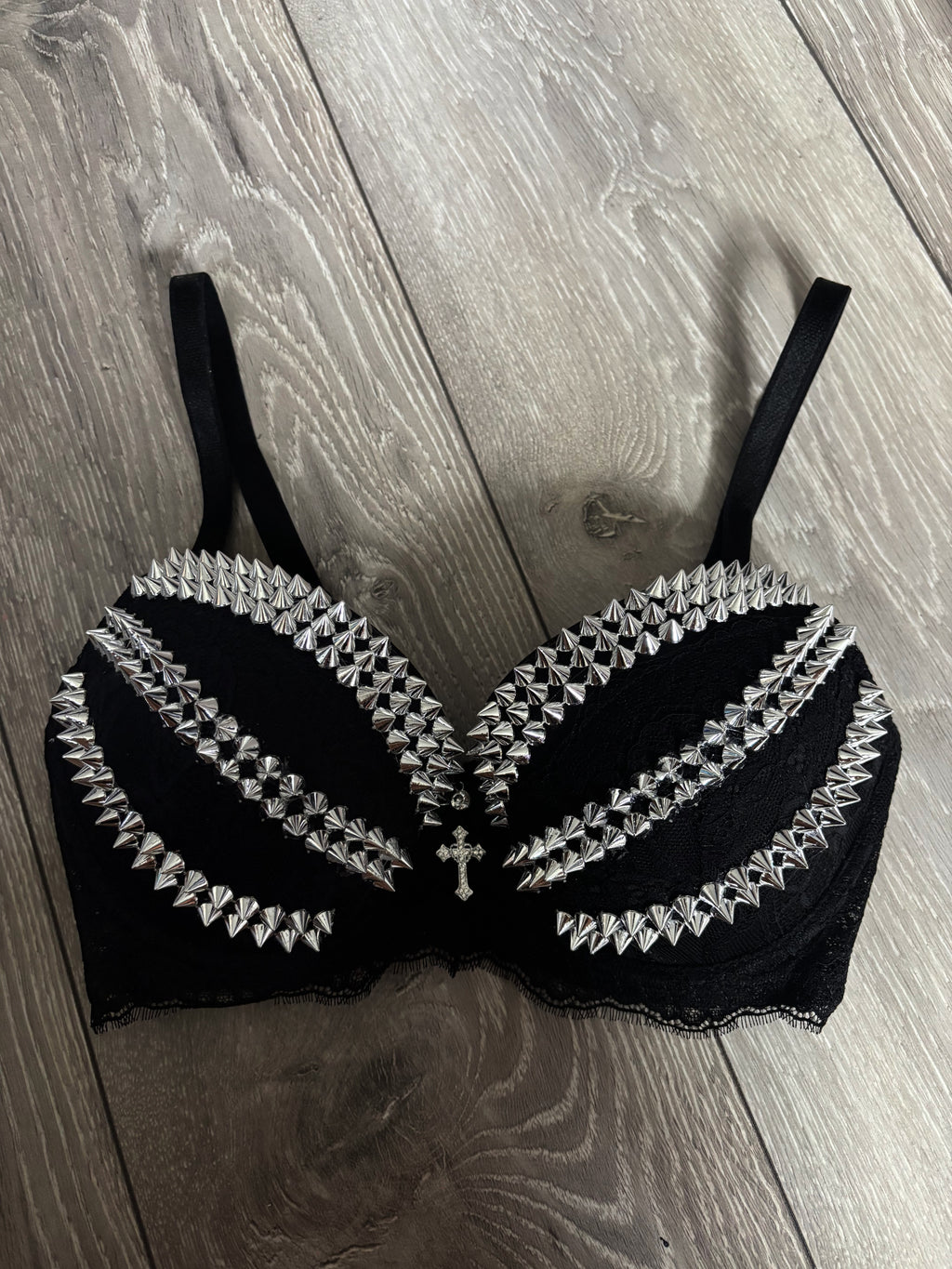 Triple Spiked black Y2K (with cross) push up bra