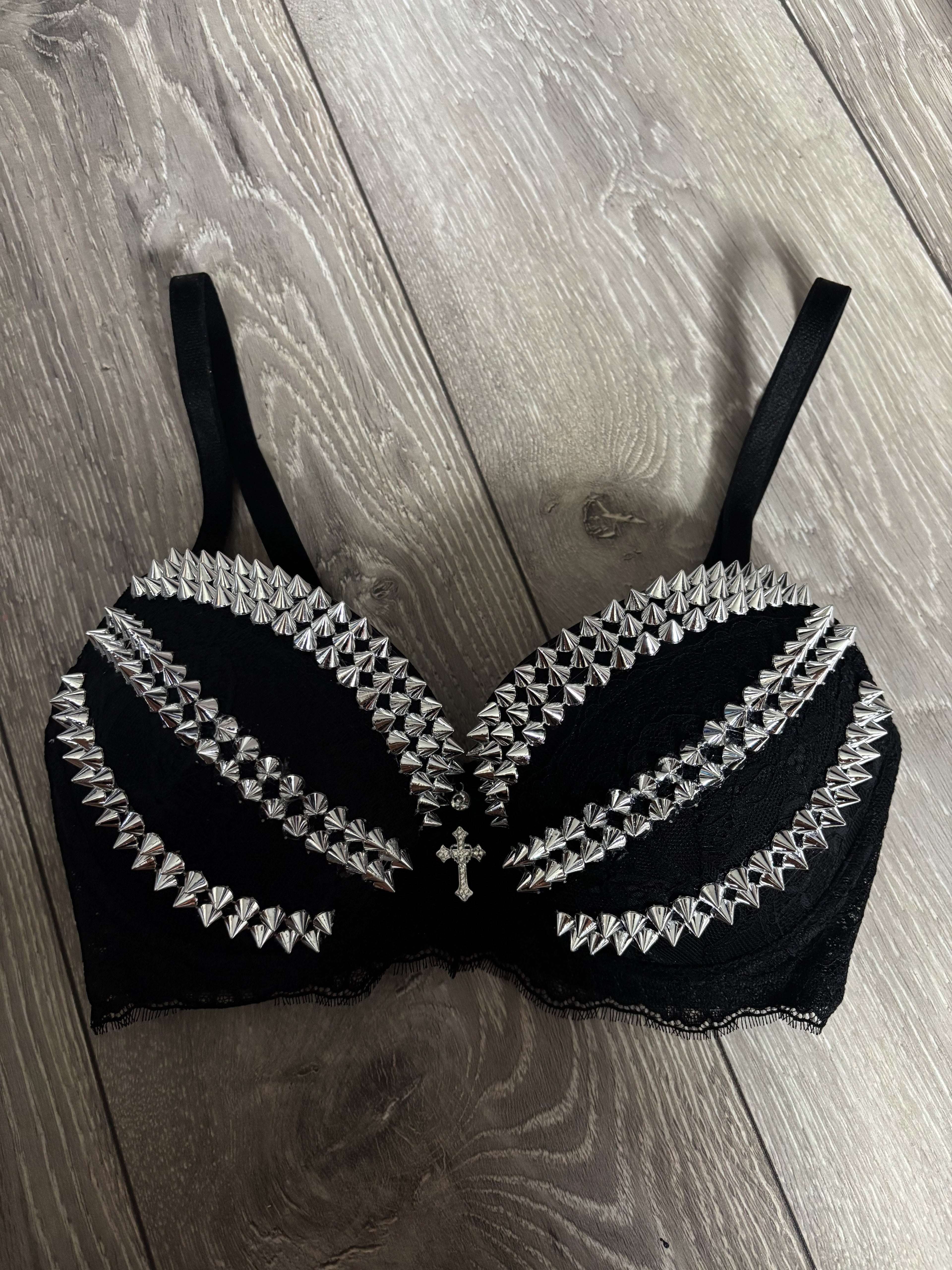 Triple Spiked black Y2K (with cross) push up bra