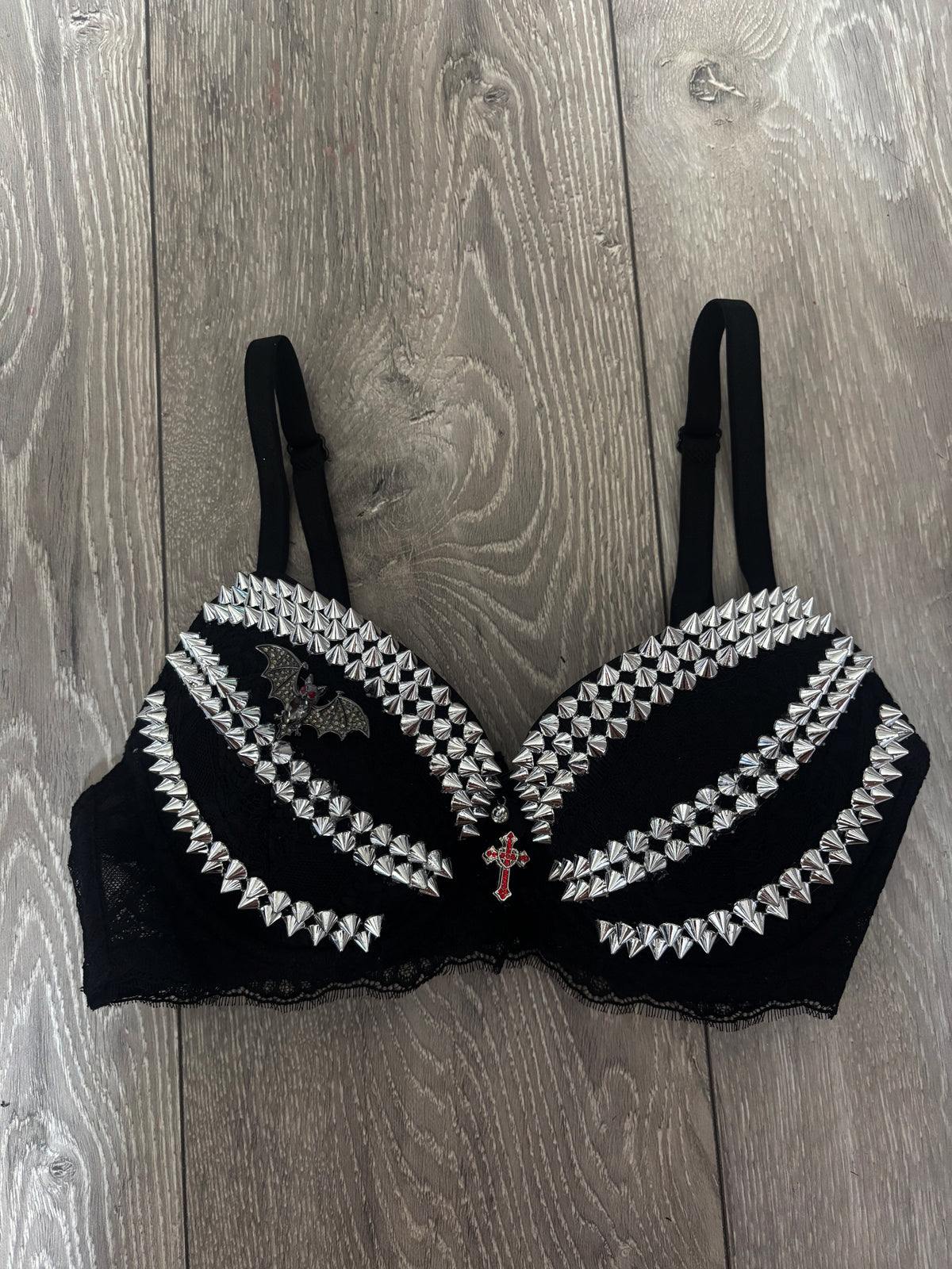 Black Bat Adjustable Pin Spiked (with cross) Push up Bra