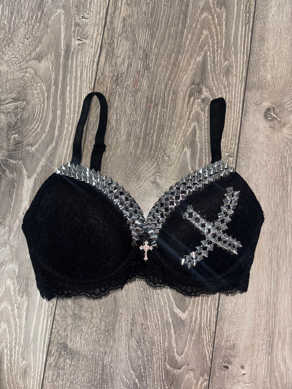 Black Single X Spiked (with cross) push up bra