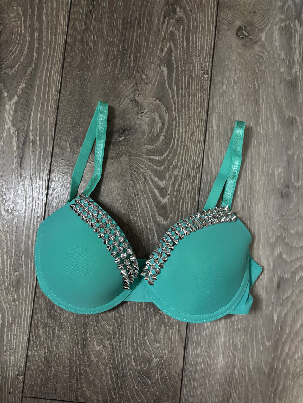 Turquoise single strip spiked (no cross) push up bra