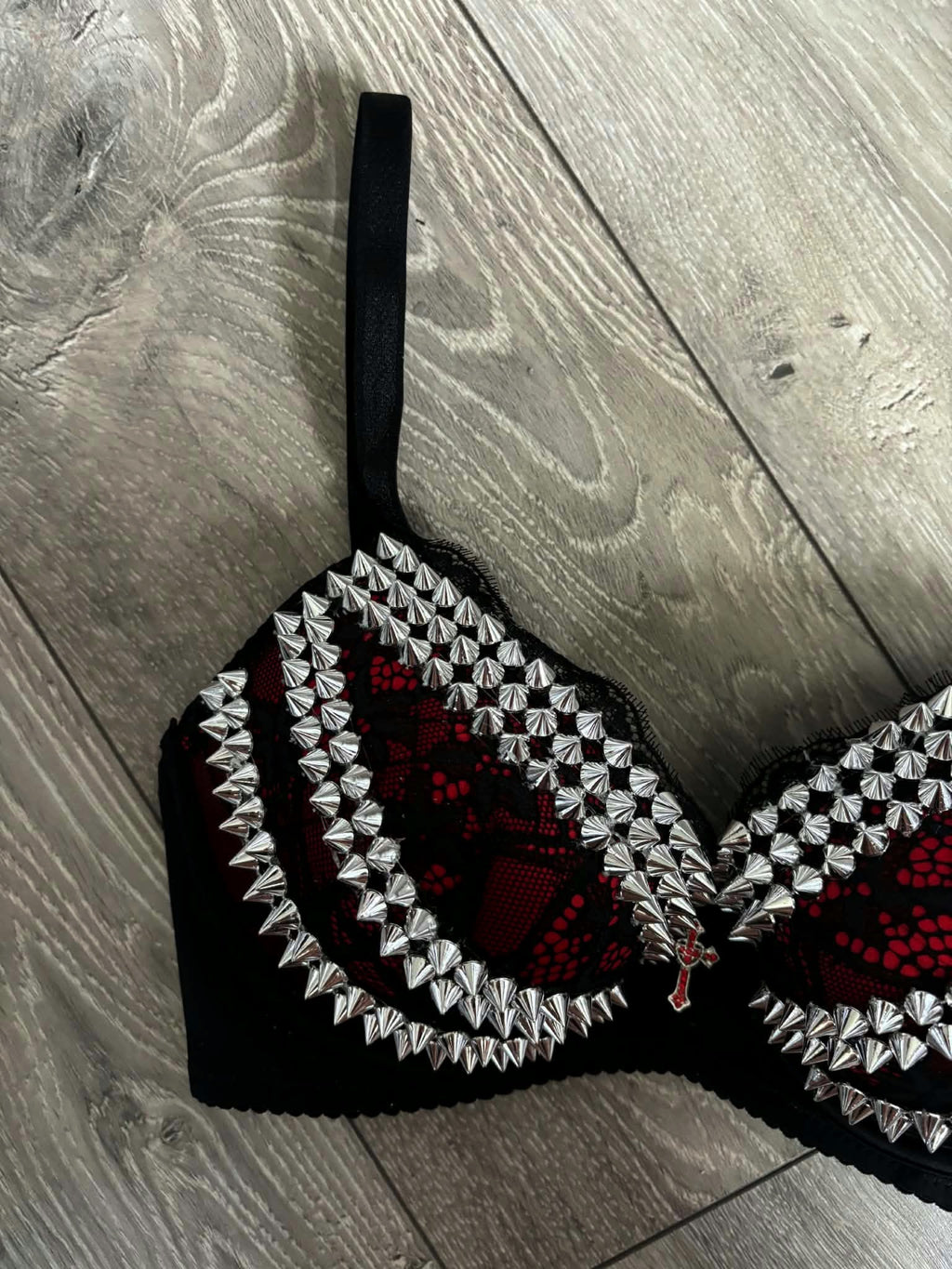 The Red Triple Spiked (with cross) push up bra