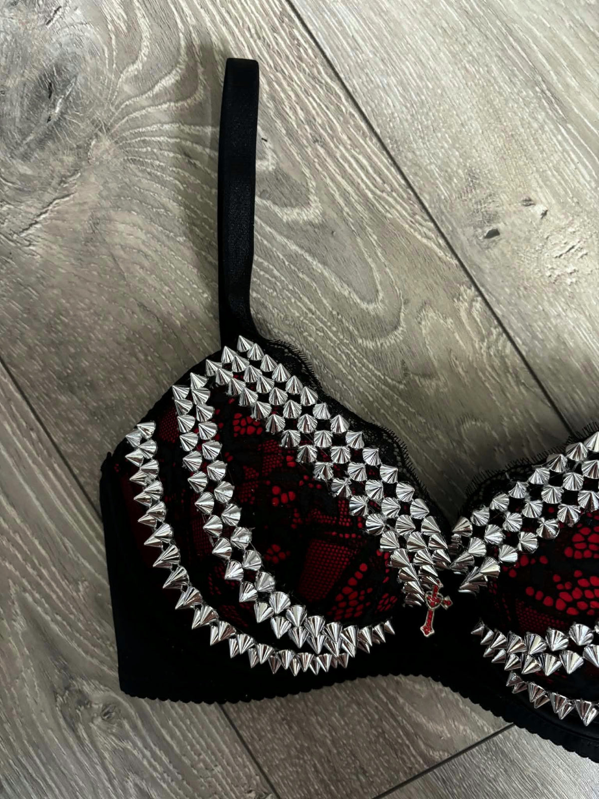 The Red Triple Spiked (with cross) push up bra
