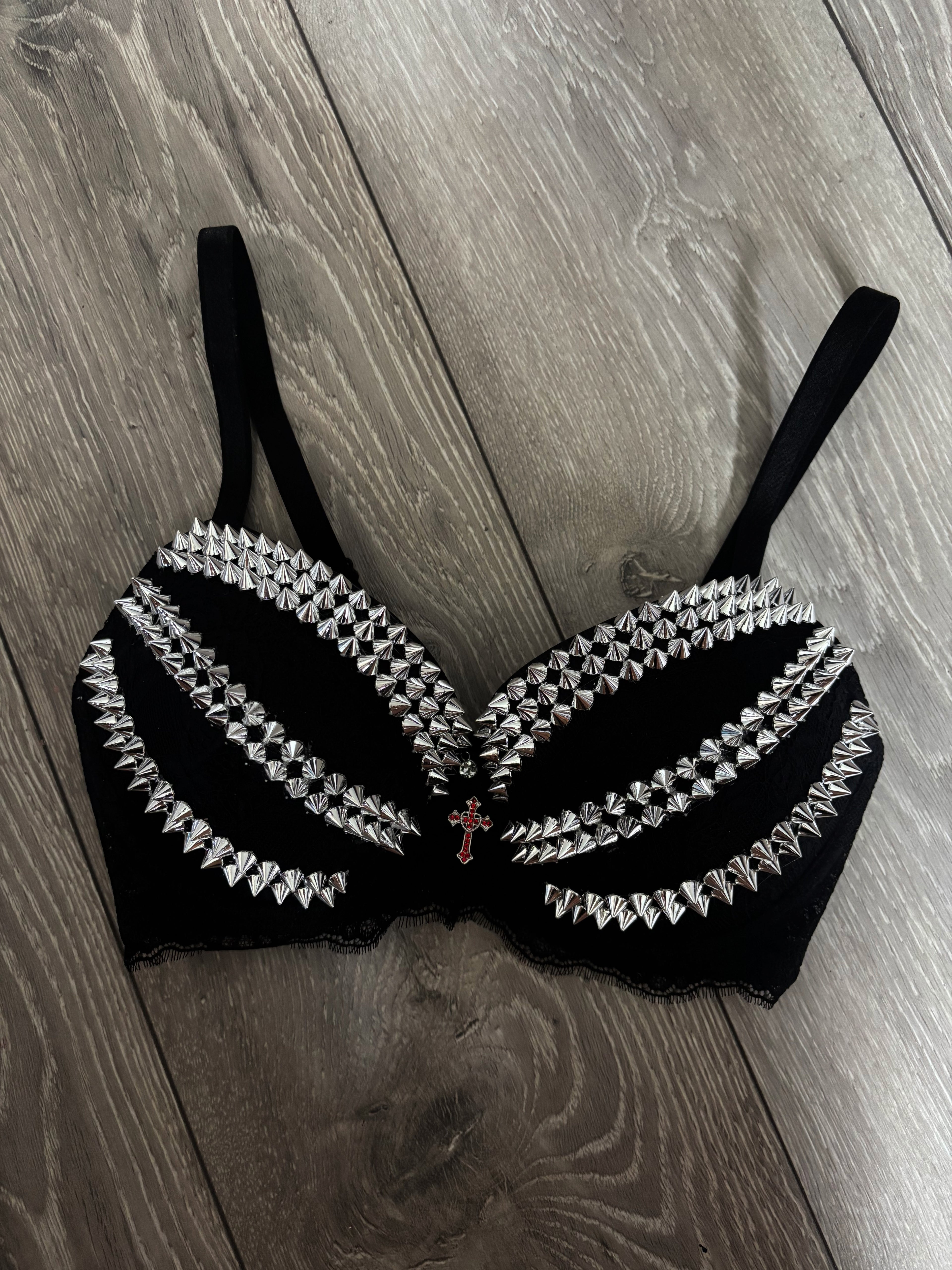 Triple Spiked black Y2K (with cross) push up bra