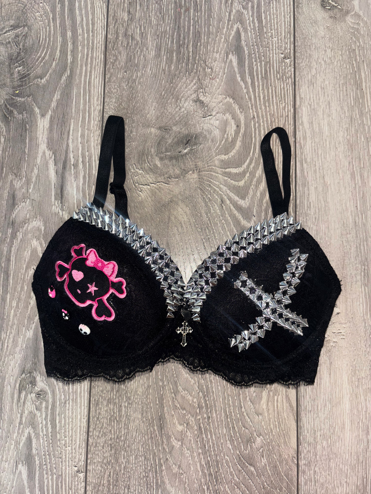 Black Skull Crush Spiked (with cross) push up bra