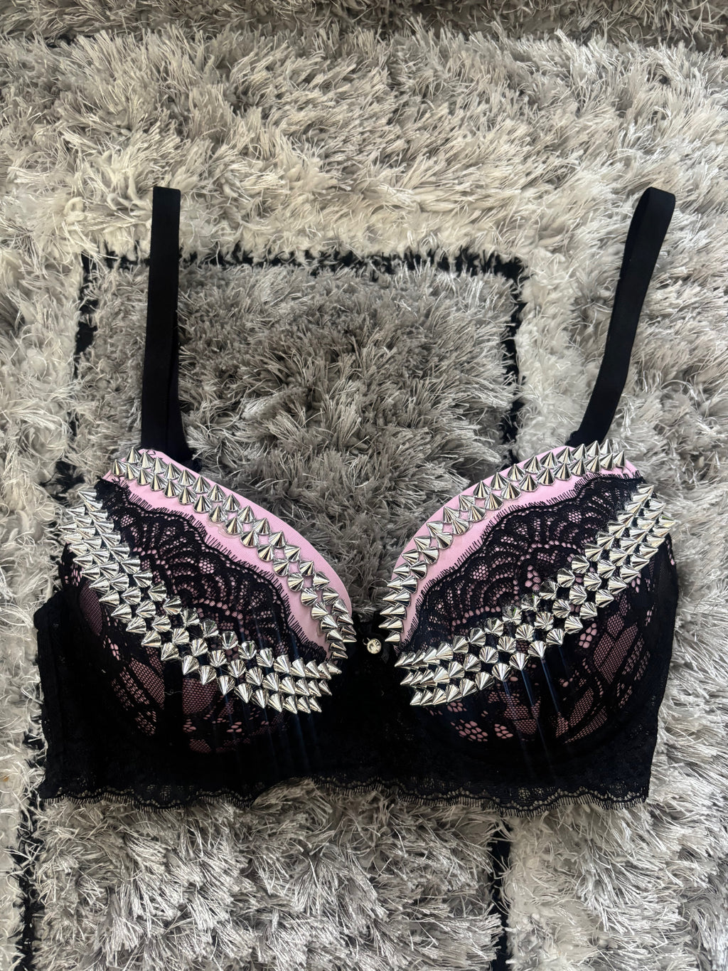 Pink and Black Y2K (no cross) Spiked push up bra