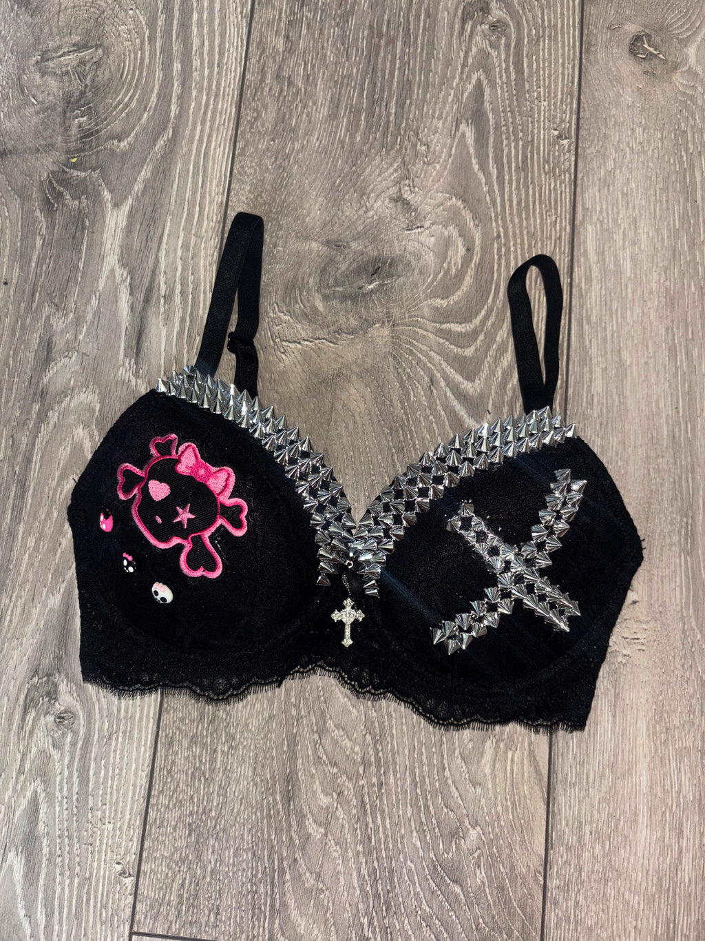 Black Skull Crush Spiked (with cross) push up bra
