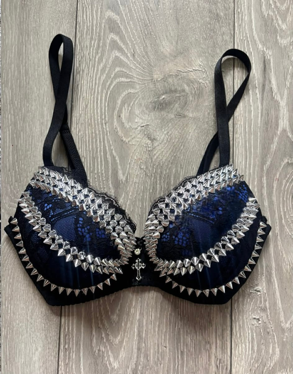 The Dark Blue Y2K Crossover  (with cross) (no stars) Spiked push up bra