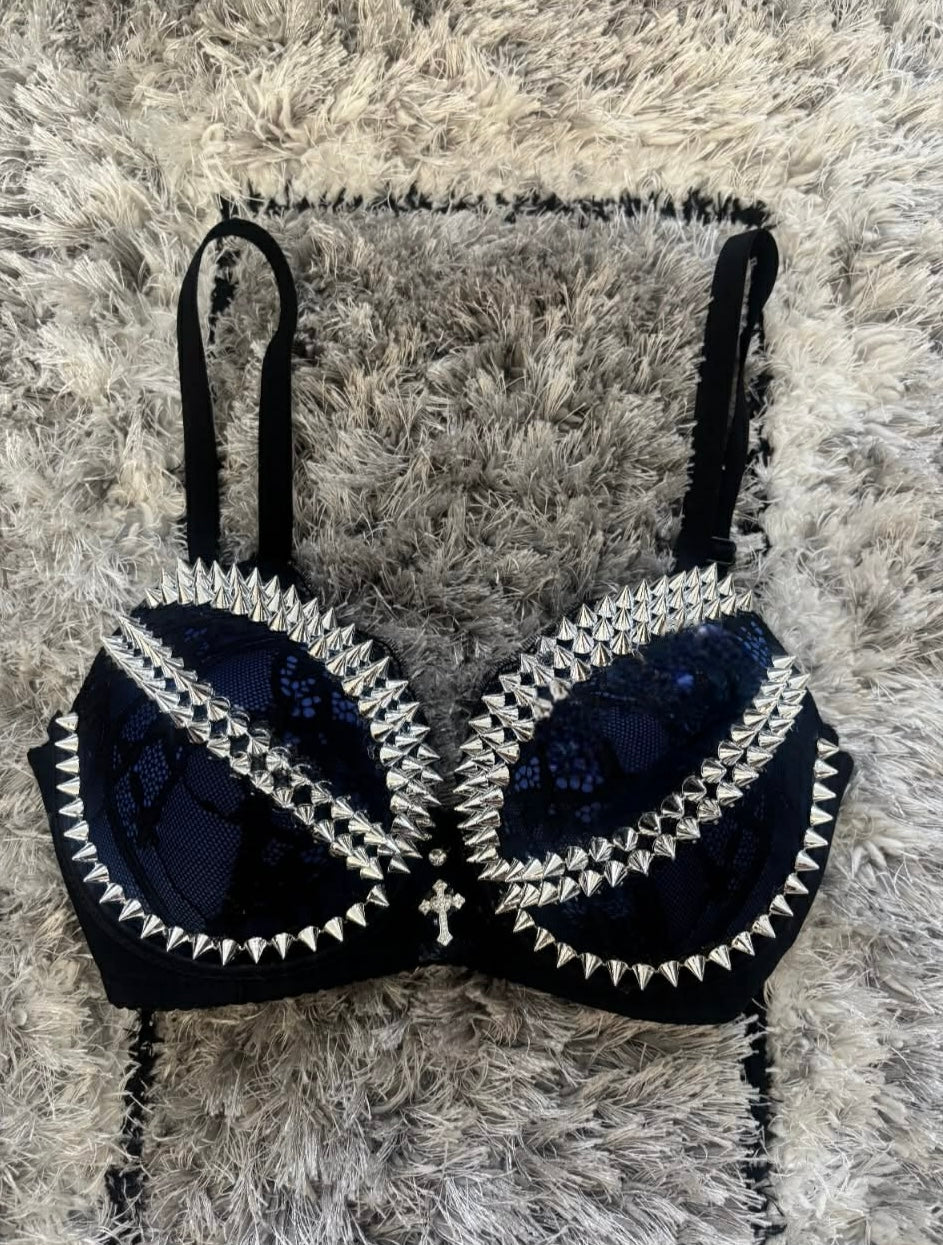 The Dark Blue Y2K Crossover  (with cross) (no stars) Spiked push up bra