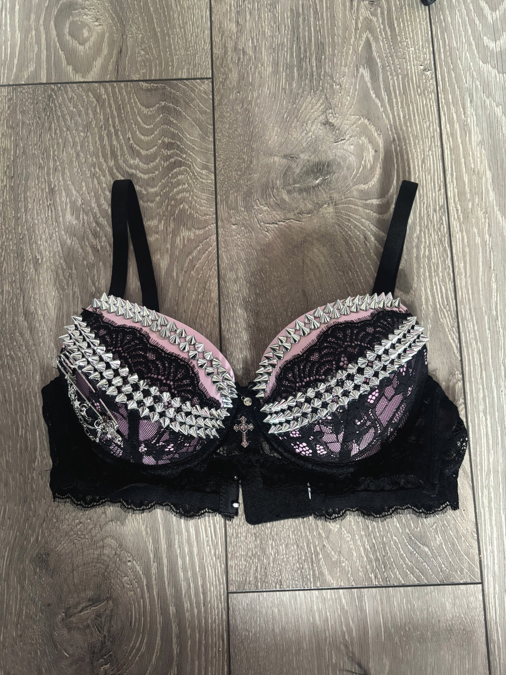 Pink Sacred Heart Spiked Y2K adjustable pin (with cross) push up bra
