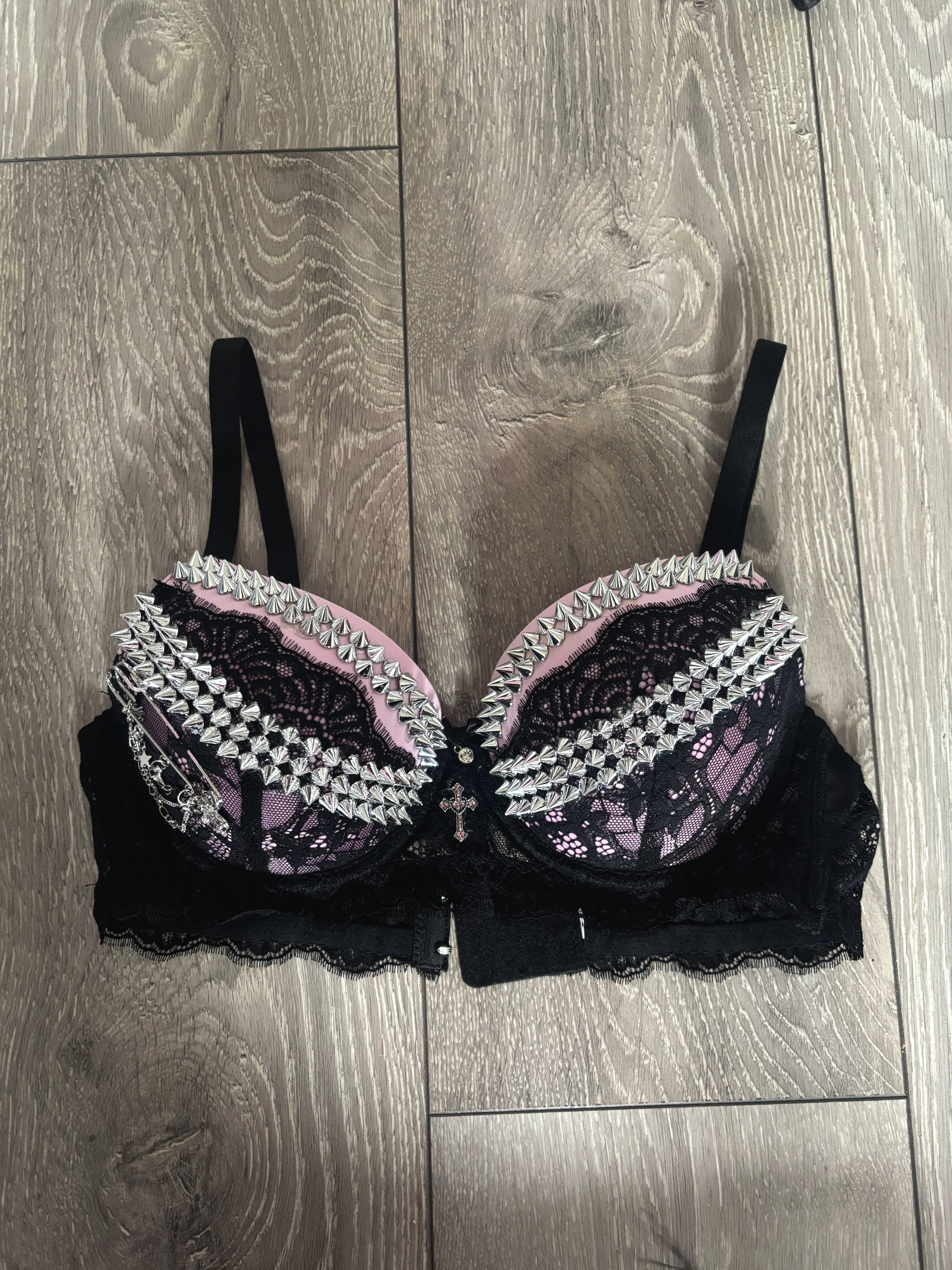 Pink Sacred Heart Spiked Y2K adjustable pin (with cross) push up bra
