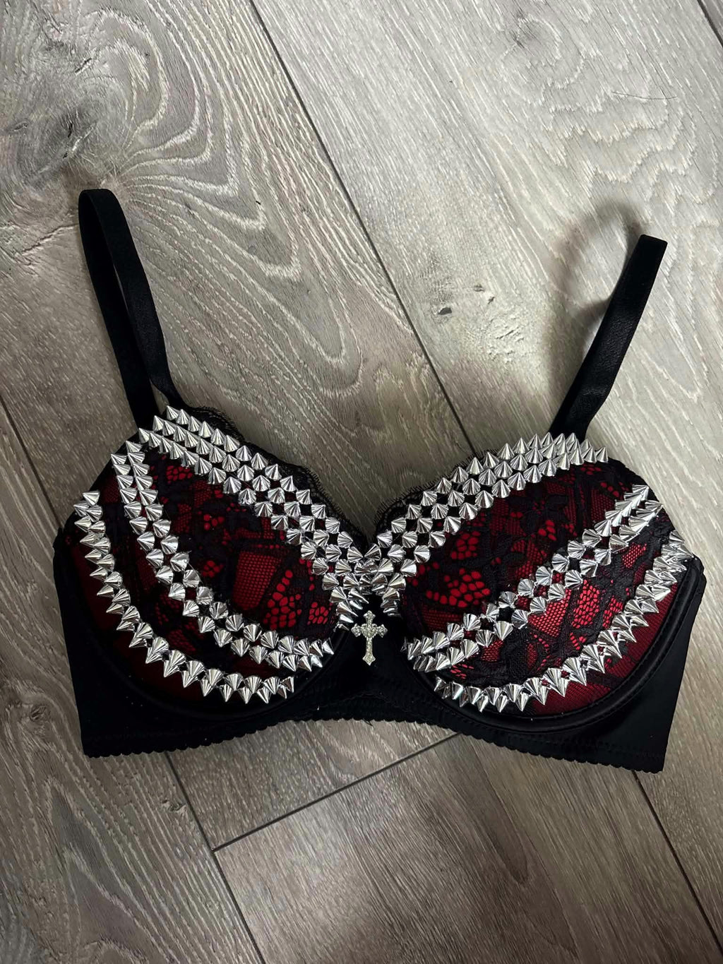 The Red Triple Spiked (with cross) push up bra