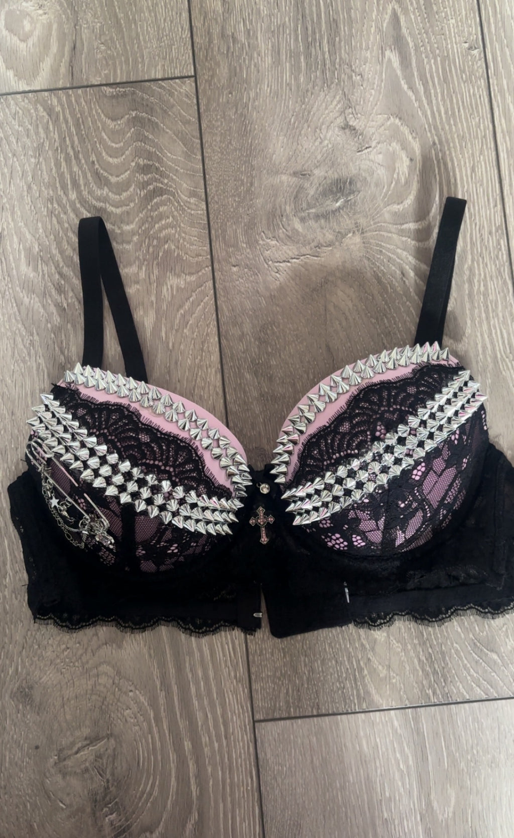 Pink Sacred Heart Spiked Y2K adjustable pin (with cross) push up bra