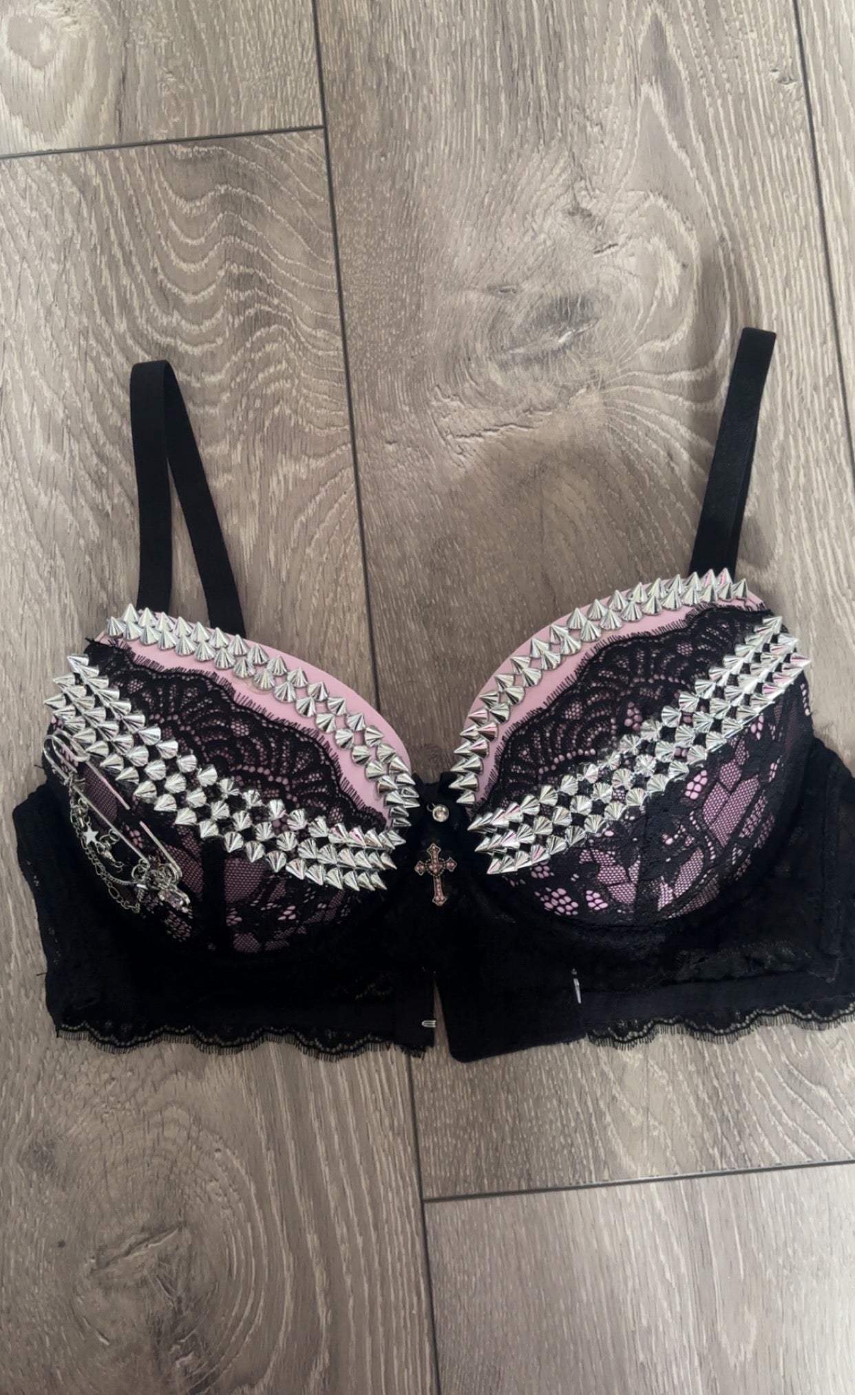 Pink Sacred Heart Spiked Y2K adjustable pin (with cross) push up bra