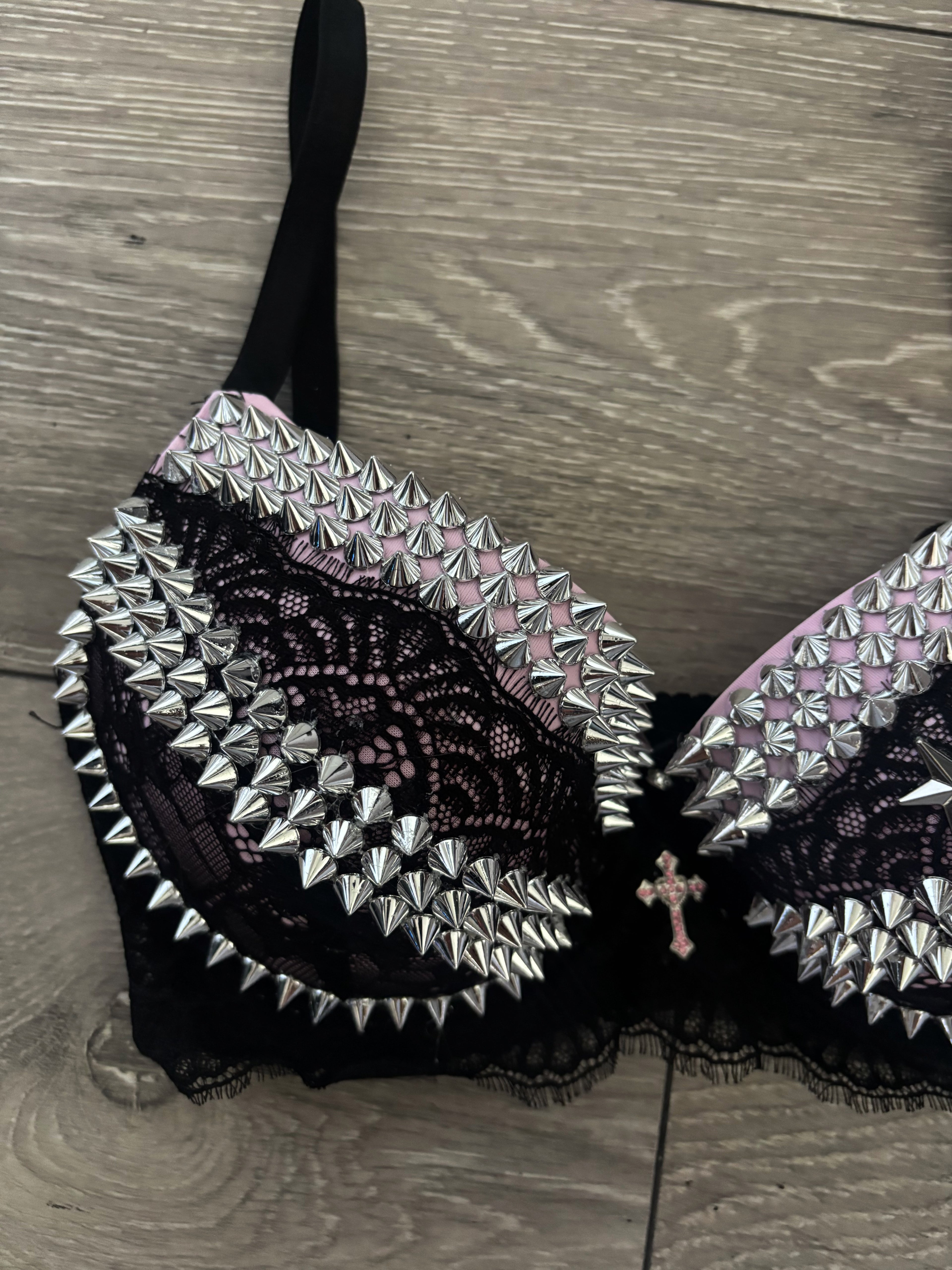 Pink Y2K Crossover (with cross) Spiked push up bra