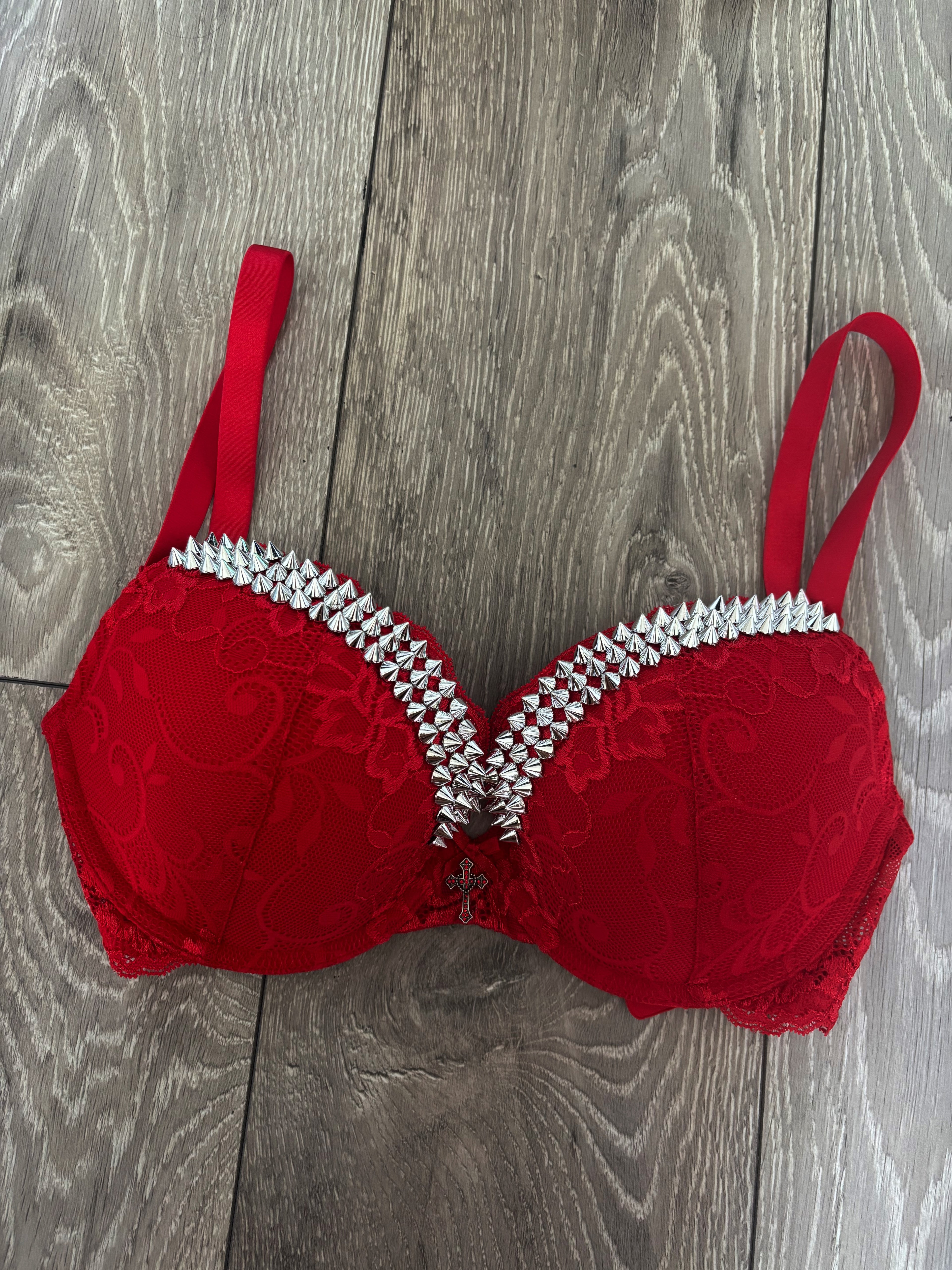 (More Sizes) Red Y2K single strip (with cross) spiked push up bra