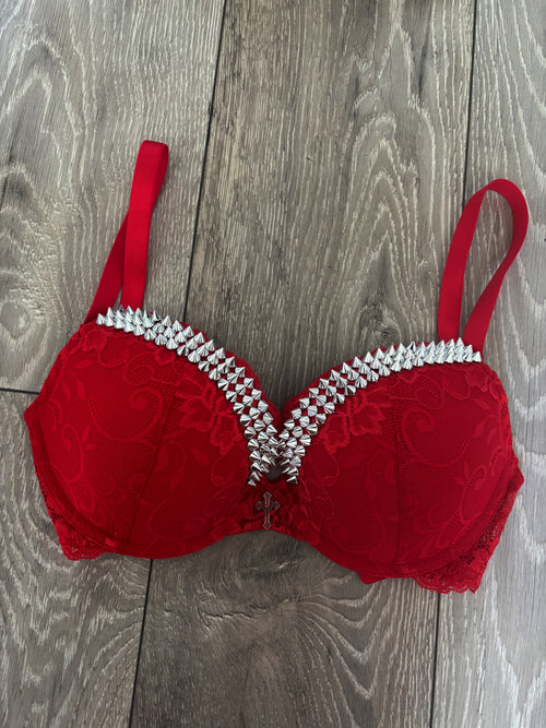 (More Sizes) Red Y2K single strip (with cross) spiked push up bra