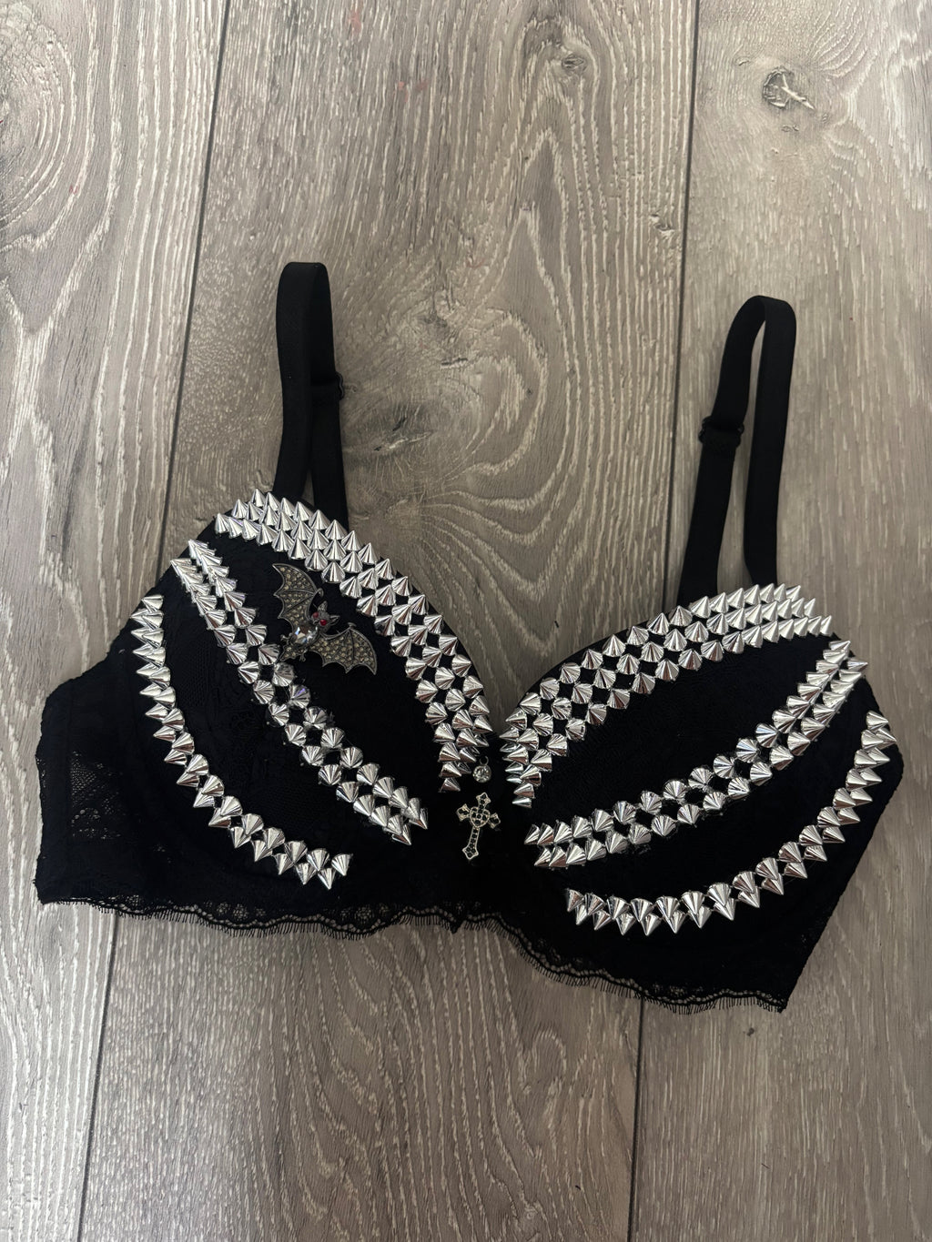 Black Bat Adjustable Pin Spiked (with cross) Push up Bra