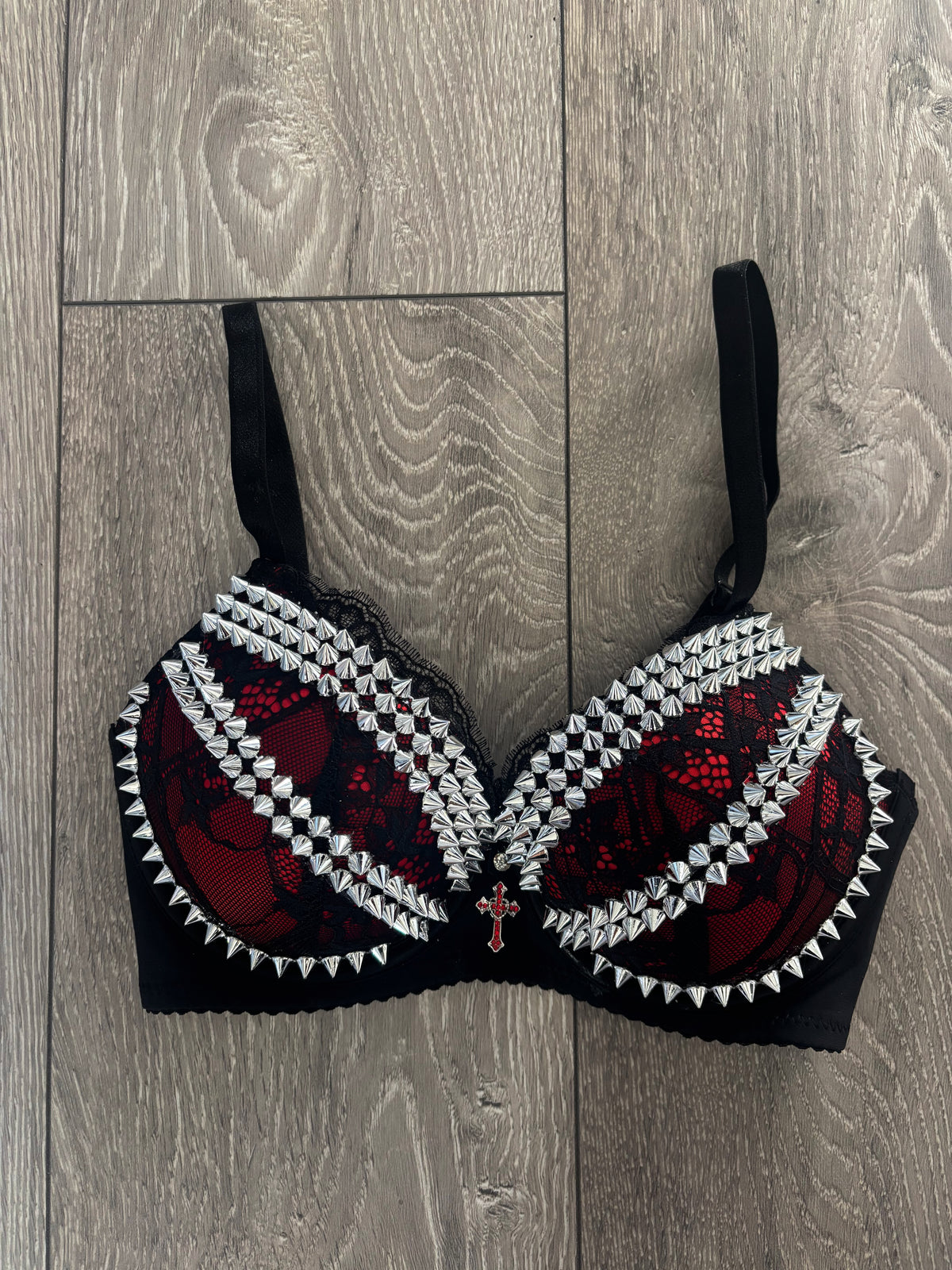 The Red Crossover (with cross) (no stars) Spiked Push Up Bra