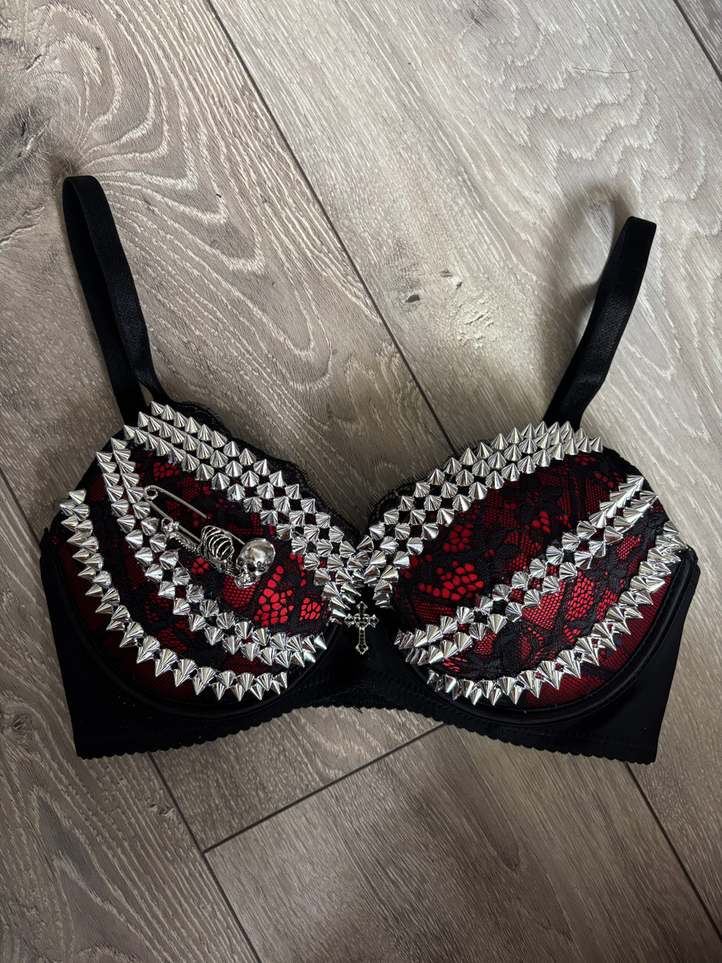 Red Skull Adjustable Pin Spiked push up bra (with cross)