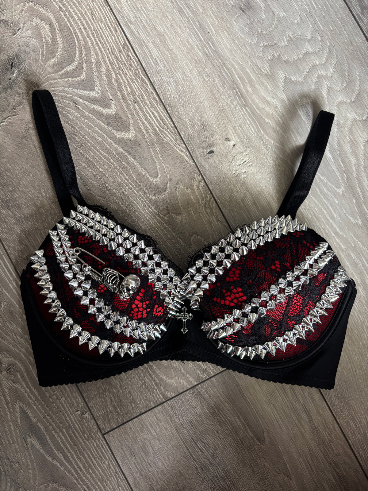 Red Skull Adjustable Pin Spiked push up bra (with cross)
