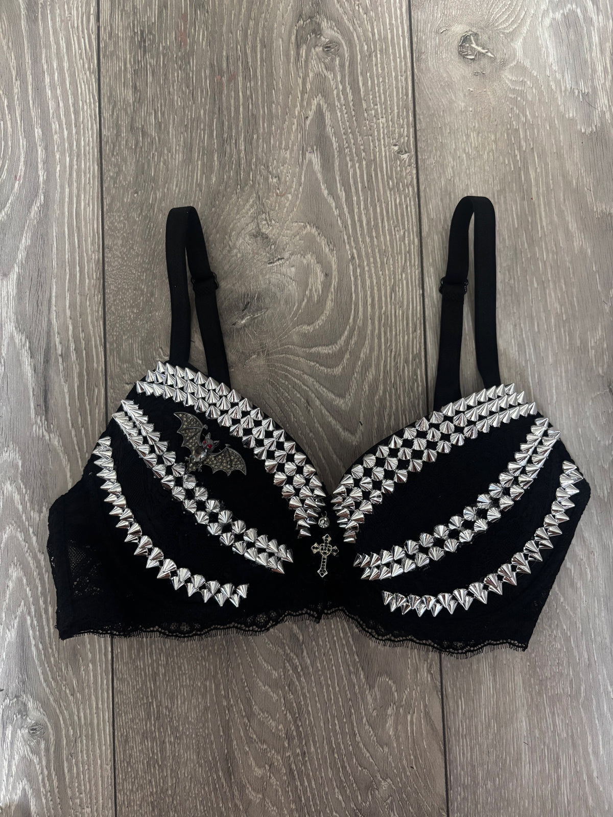 Black Bat Adjustable Pin Spiked (with cross) Push up Bra