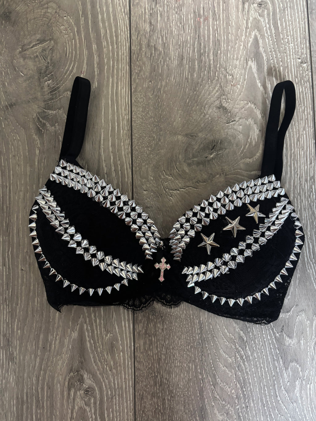 The Black Crossover Spiked (with cross) Push Up Bra