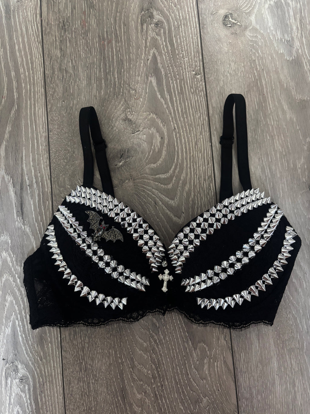 Black Bat Adjustable Pin Spiked (with cross) Push up Bra