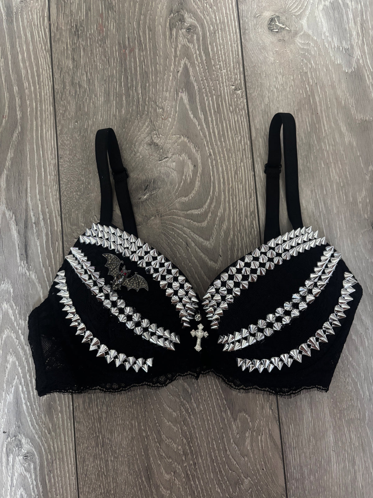 Black Bat Adjustable Pin Spiked (with cross) Push up Bra