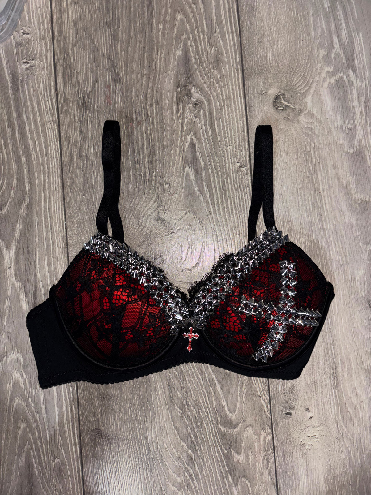 Red Single X Spiked (with cross) push up bra