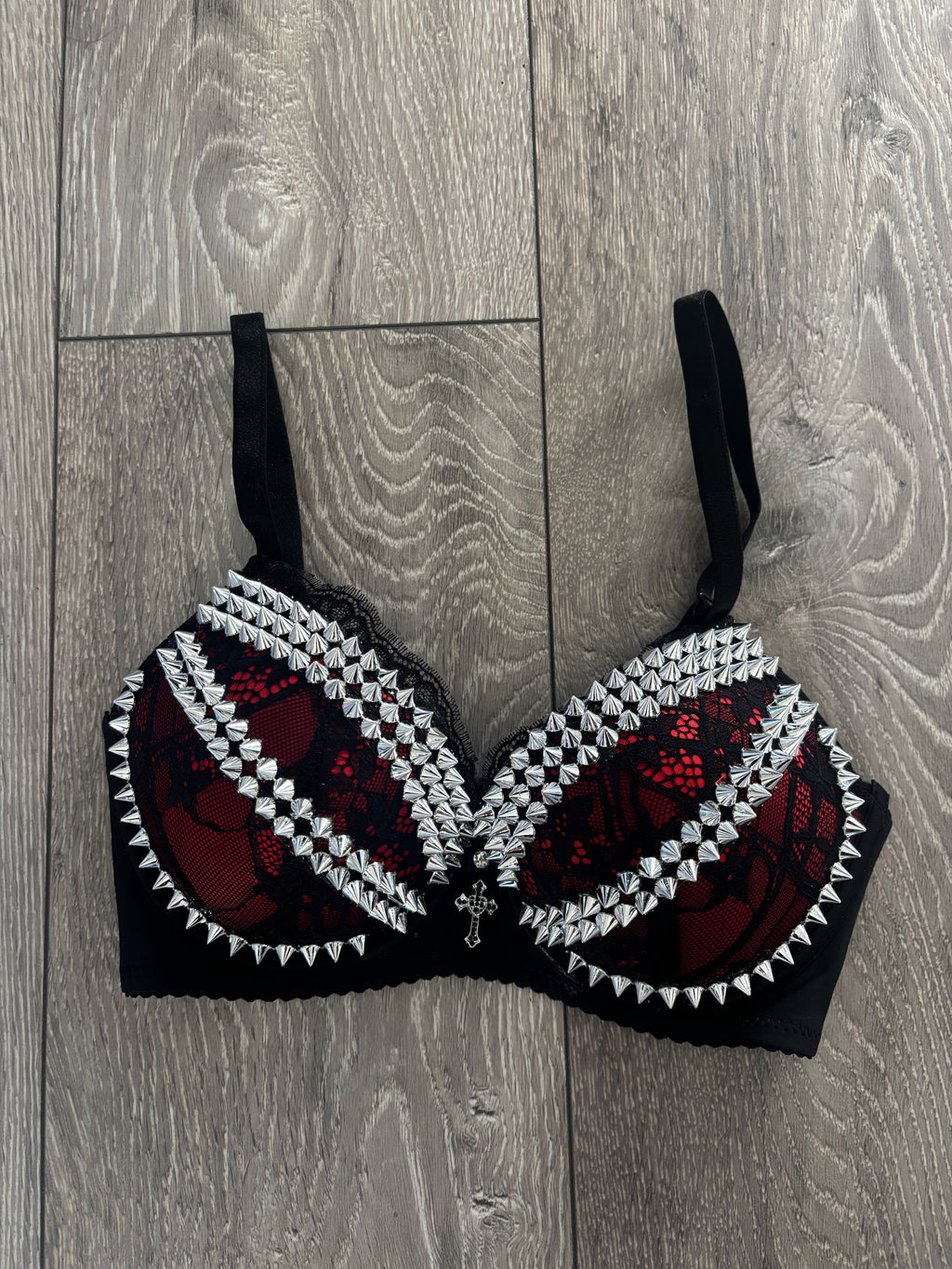 The Red Crossover (with cross) (no stars) Spiked Push Up Bra
