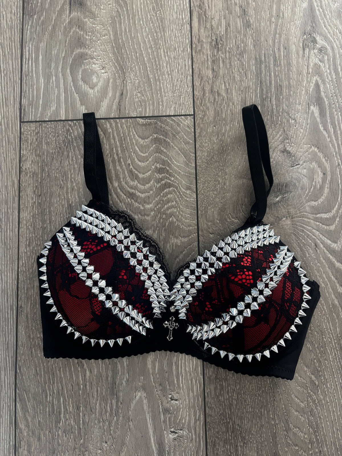The Red Crossover (with cross) (no stars) Spiked Push Up Bra