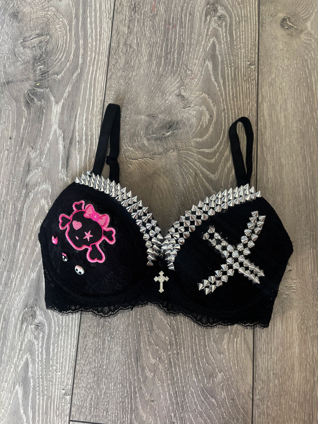 Black Skull Crush Spiked (with cross) push up bra