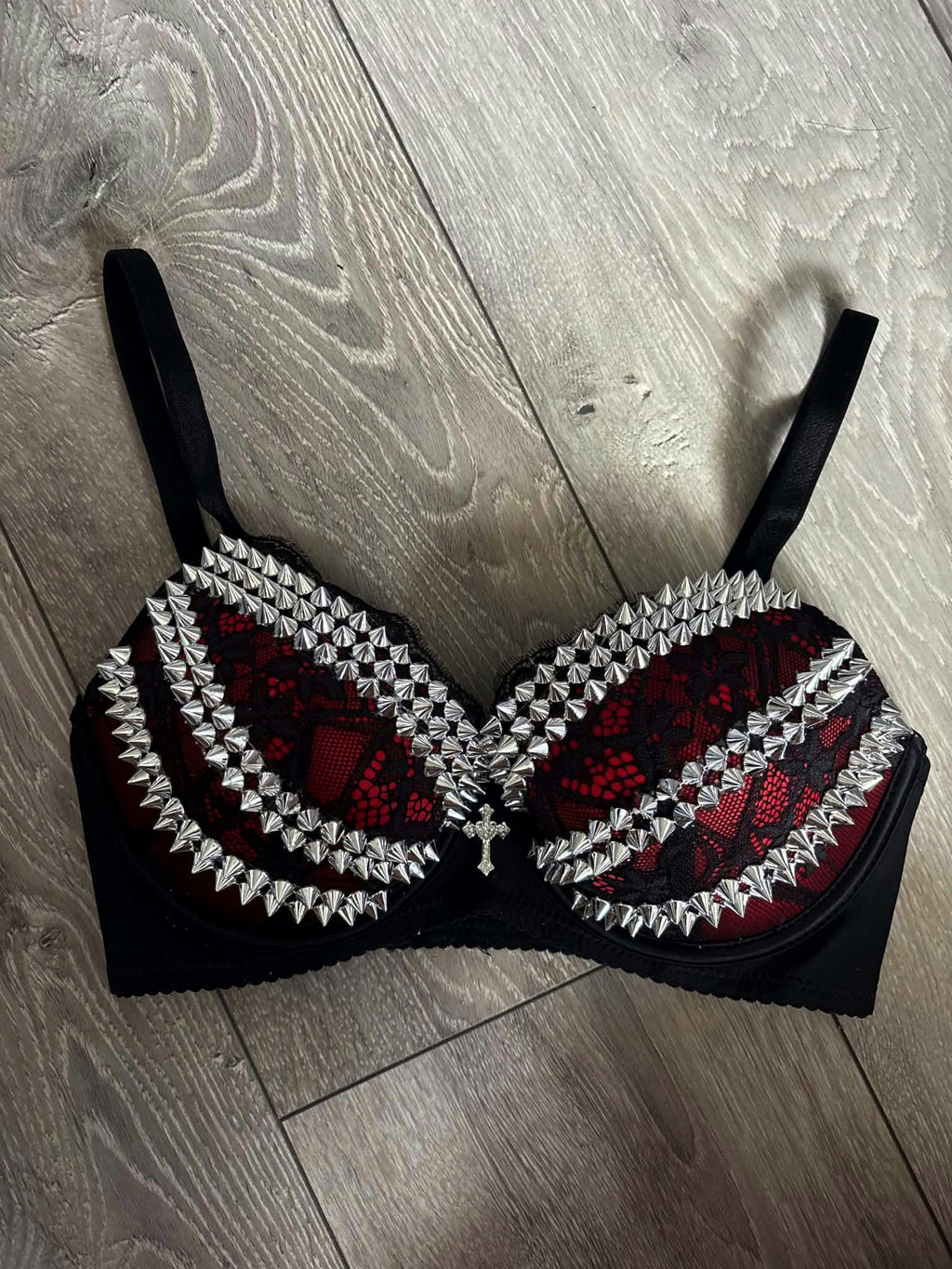 The Red Triple Spiked (with cross) push up bra